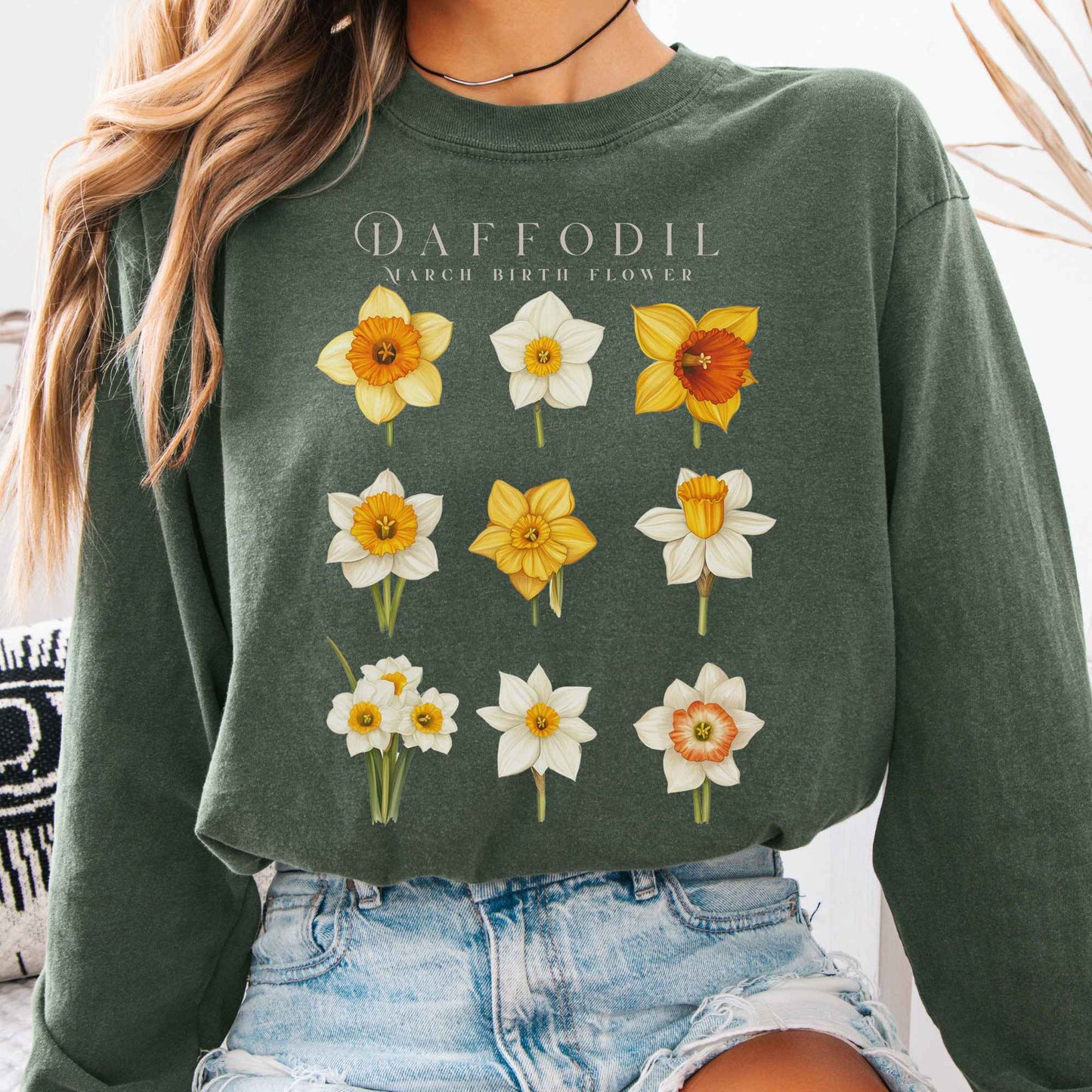 Long-sleeve Hemp / S Daffodil March Birth Month Flower Long Sleeve Shirt The Mystic Eden