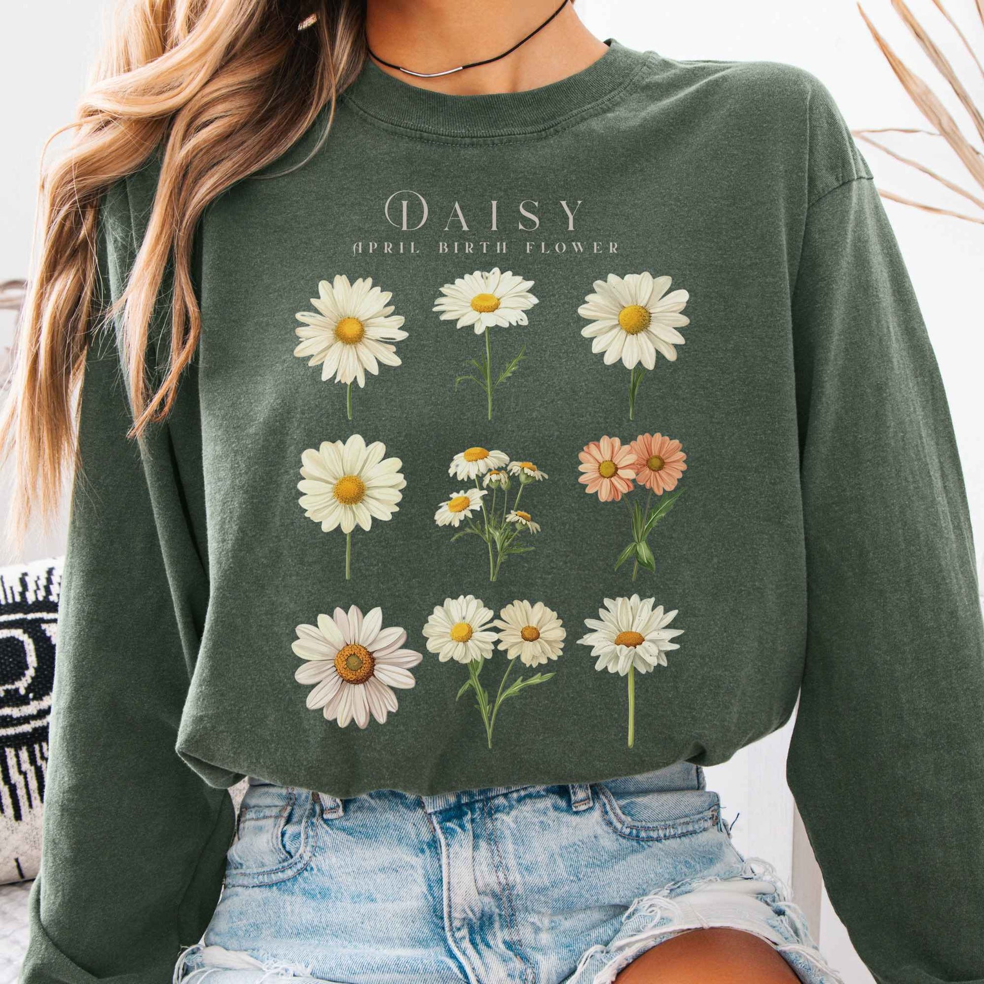 Long-sleeve Hemp / S Daisy April Birth Month Flower Long Sleeve Shirt The Mystic Eden