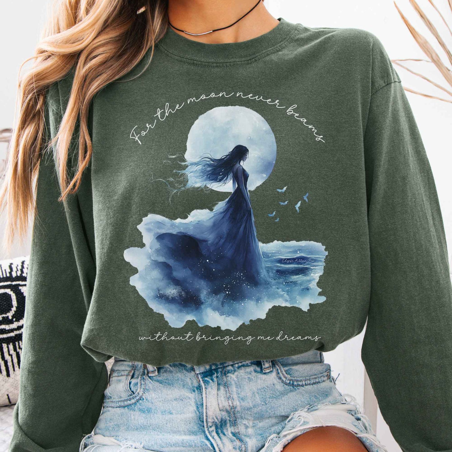 Long-sleeve Hemp / S For The Moon Never Beams Without Bringing Me Dreams Edgar Allan Poe Long Sleeve Shirt The Mystic Eden