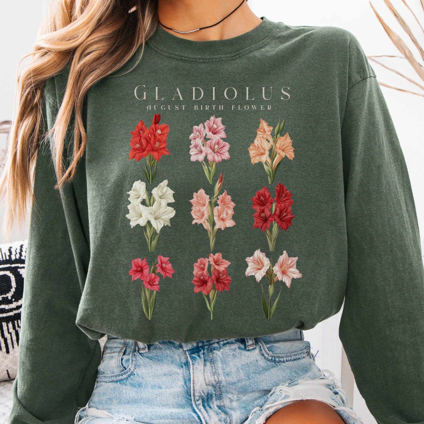 Long-sleeve Hemp / S Gladiolus August Birth Month Flower Long Sleeve Shirt The Mystic Eden