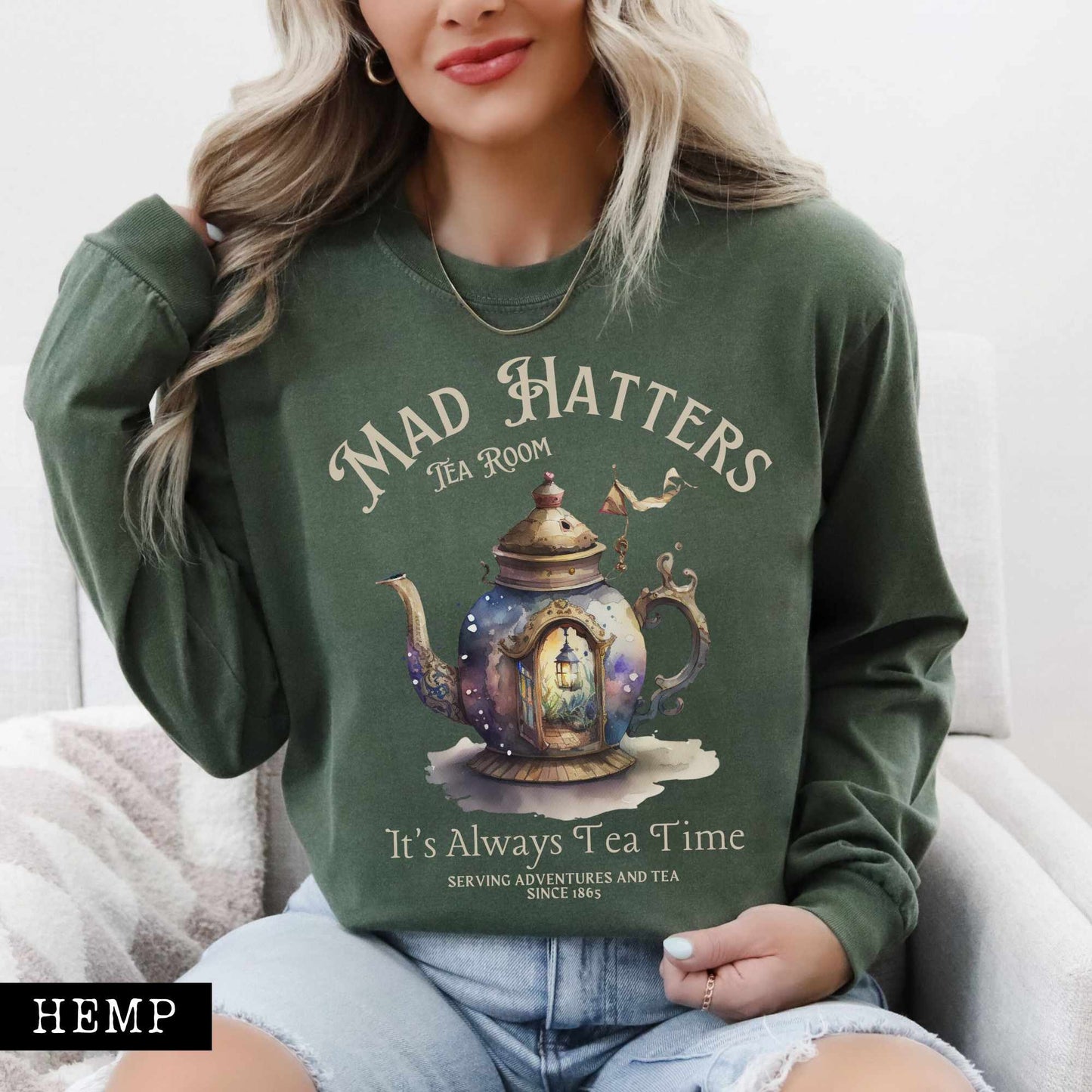 Long-sleeve Hemp / S It's Always Tea Time - Mad Hatters Tea Room Long Sleeved Shirt The Mystic Eden