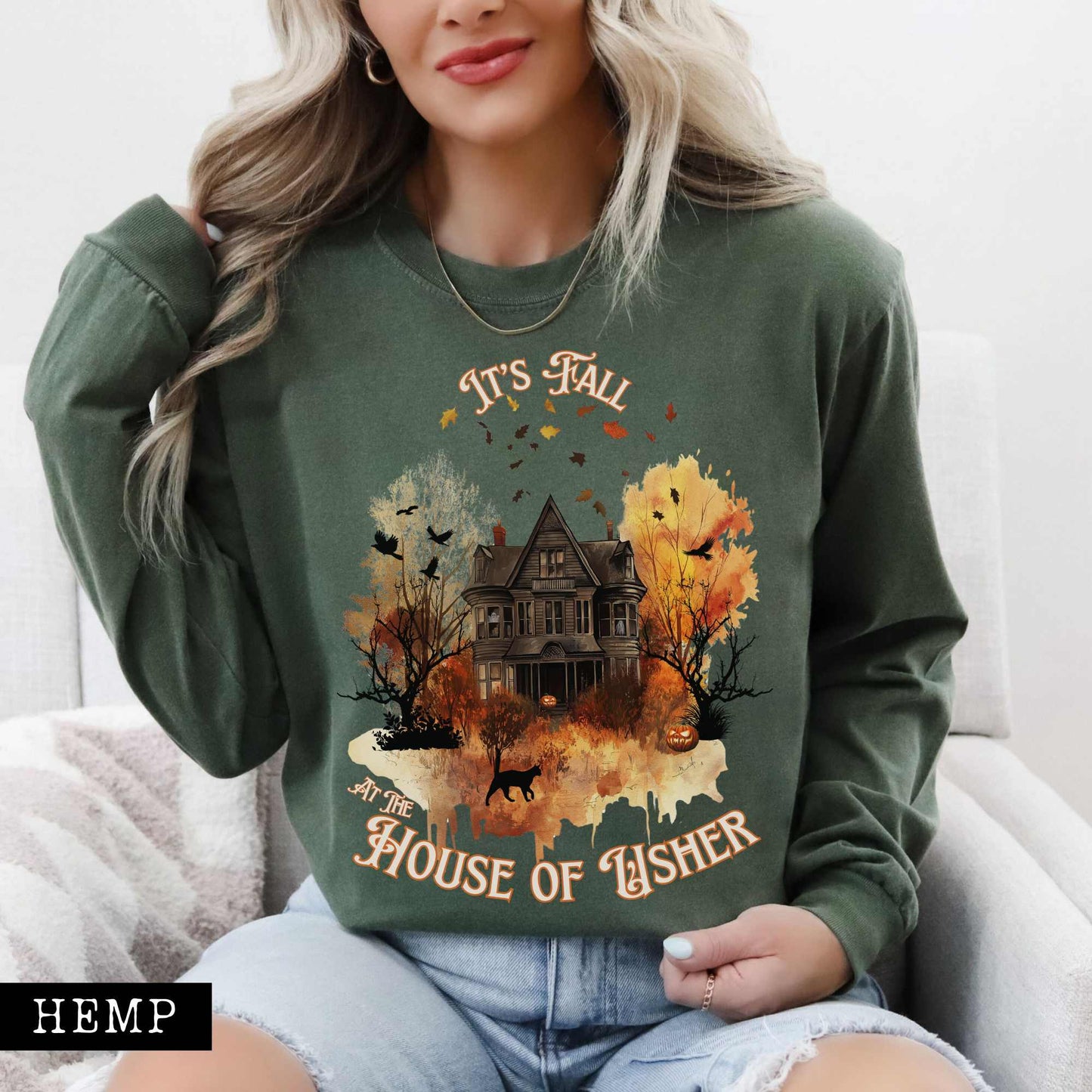Long-sleeve Hemp / S It's Fall at the House of Usher - Edgar Allan Poe Fall Shirt The Mystic Eden