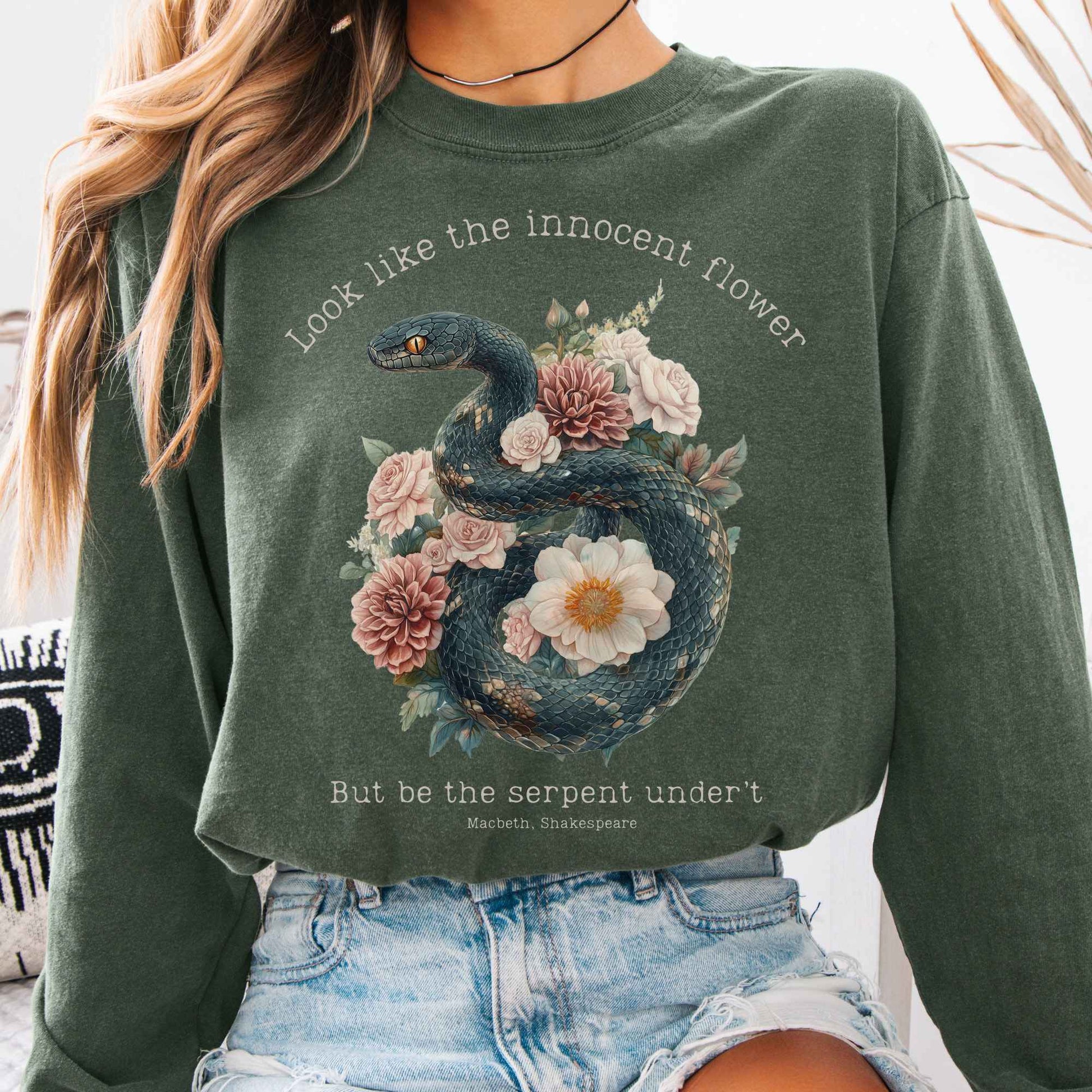 Long-sleeve Hemp / S Look Like The Innocent Flower But Be The Serpent Under't Shakespeare Long Sleeve Shirt The Mystic Eden