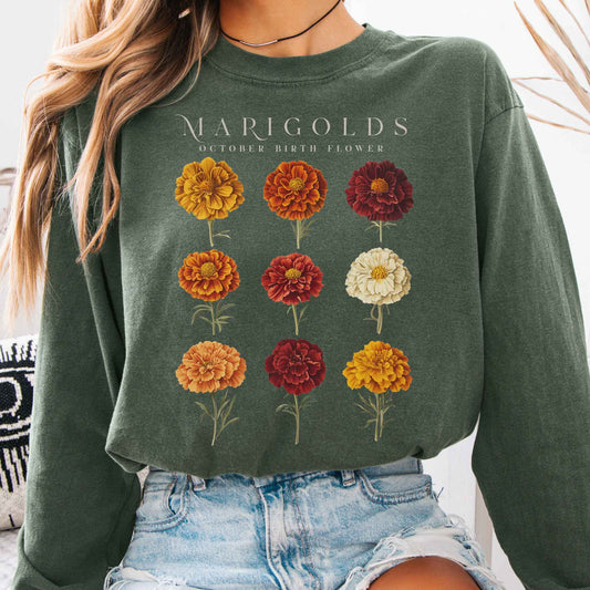 Long-sleeve Hemp / S Marigolds October Birth Month Flower Long Sleeve Shirt The Mystic Eden
