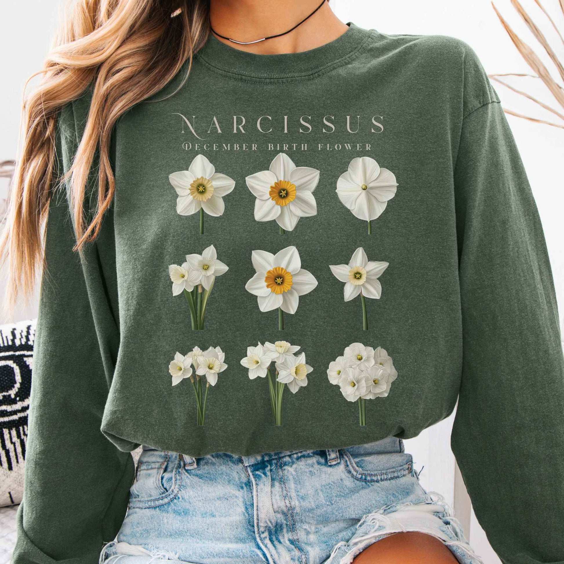 Long-sleeve Hemp / S Narcissus December Birth Month Flower Long Sleeve Shirt The Mystic Eden
