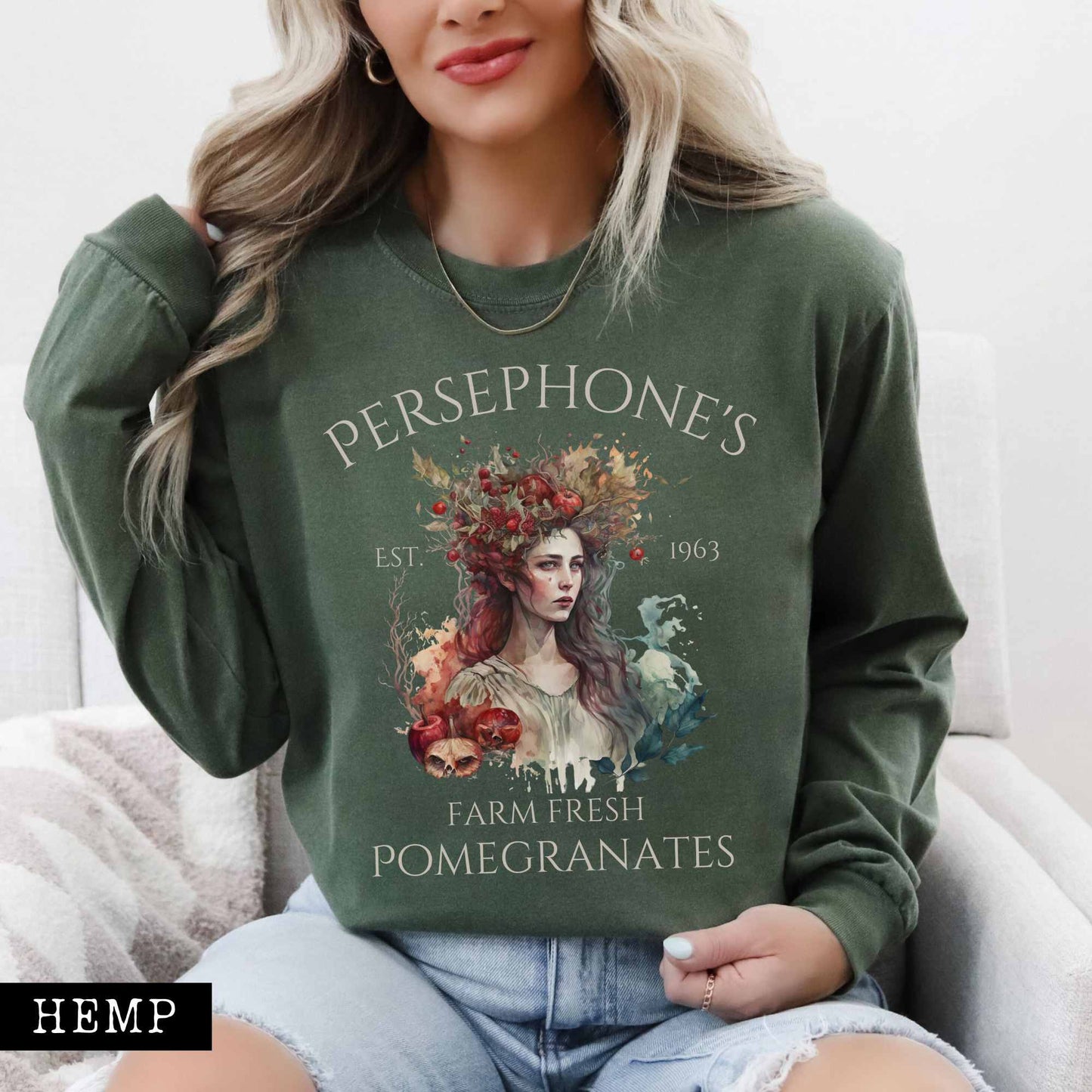 Long-sleeve Hemp / S Persephone's Farm Fresh Pomegranates Long Sleeve T-Shirt The Mystic Eden