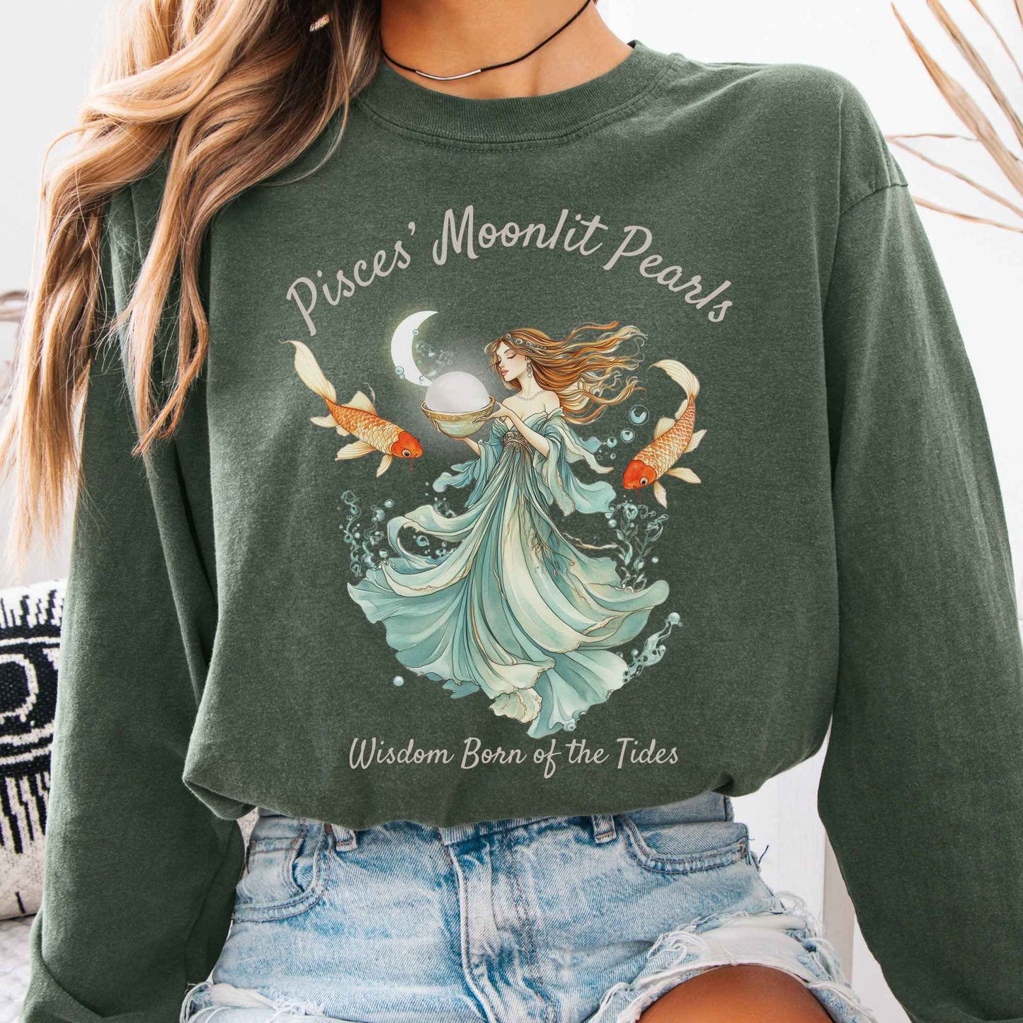 Long-sleeve Hemp / S Pisces' Moonlit Pearls Zodiac Long Sleeve Tee The Mystic Eden
