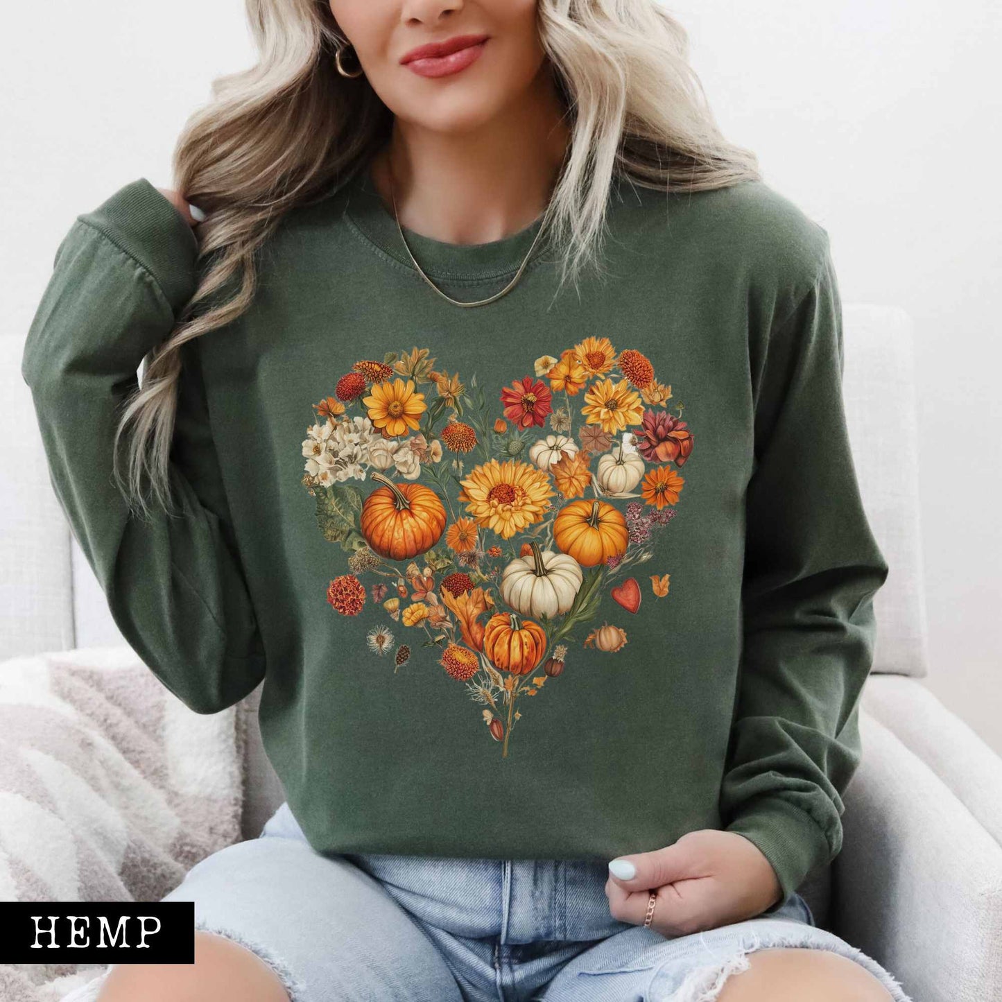 Long-sleeve Hemp / S Pumpkin floral fall heart - long sleeve tee The Mystic Eden