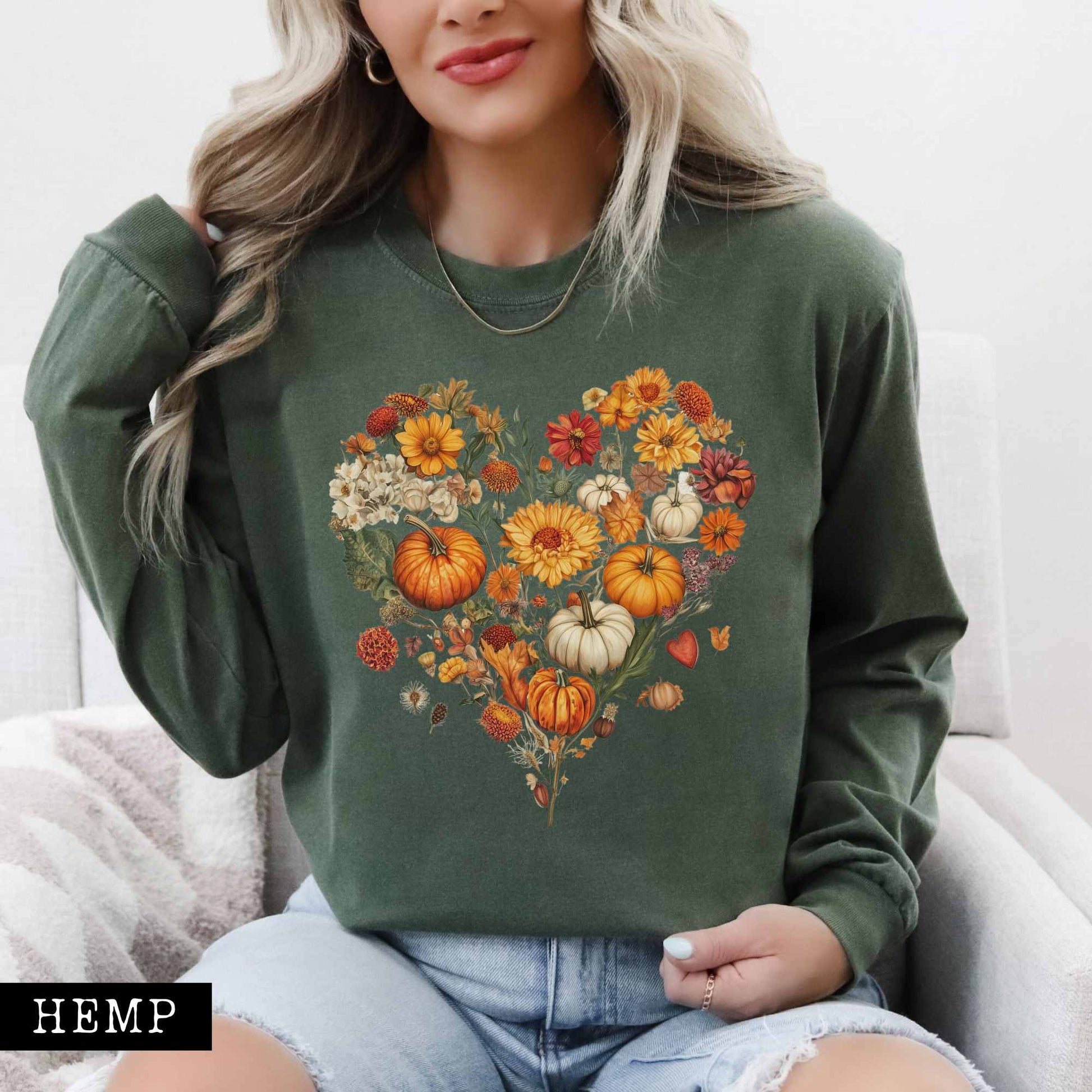 Long-sleeve Hemp / S Pumpkin floral fall heart - long sleeve tee The Mystic Eden