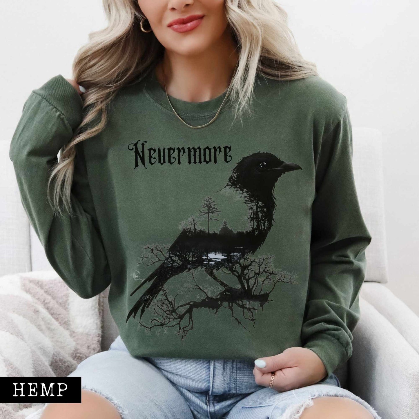 Long-sleeve Hemp / S The Raven Nevermore Long Sleeved Shirt Edgar Allan Poe The Mystic Eden