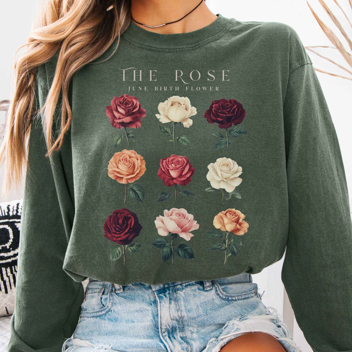 Long-sleeve Hemp / S The Rose June Birth Month Flower Long Sleeve Shirt The Mystic Eden