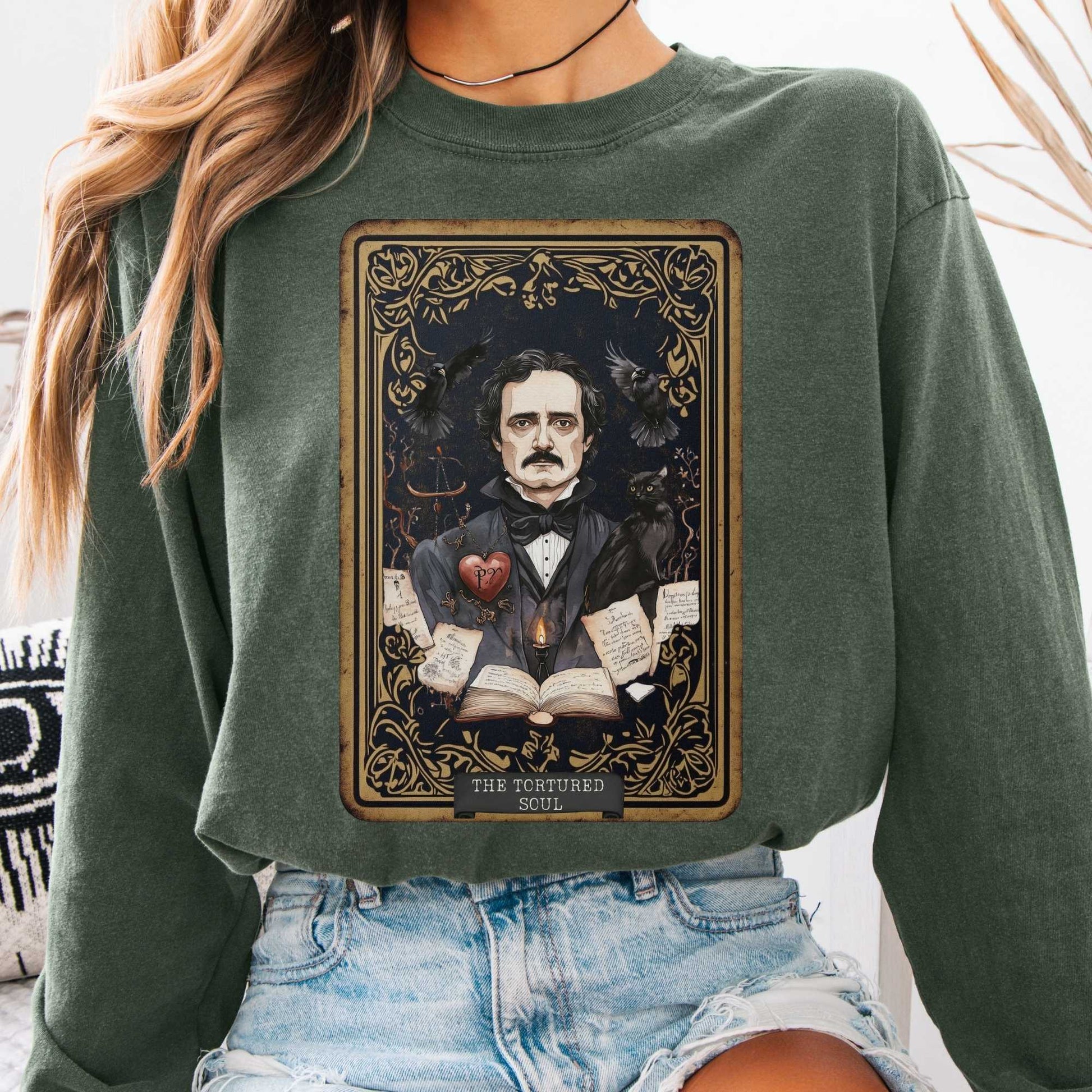 Long-sleeve Hemp / S The Tortured Soul Tarot Card Edgar Allan Poe Long Sleeved Shirt The Mystic Eden