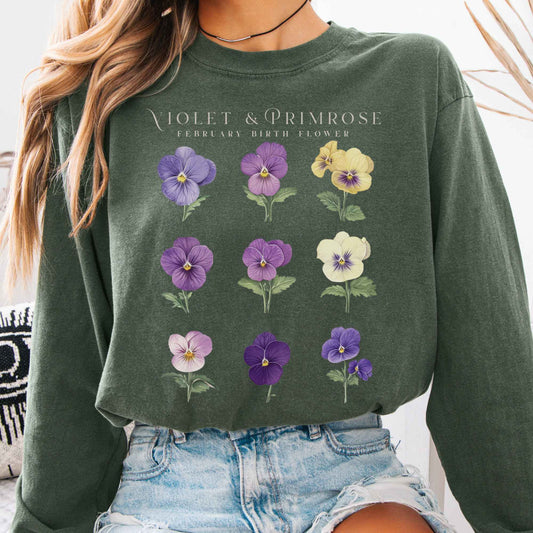 Long-sleeve Hemp / S Violet & Primrose February Birth Month Flower Long Sleeve Shirt The Mystic Eden