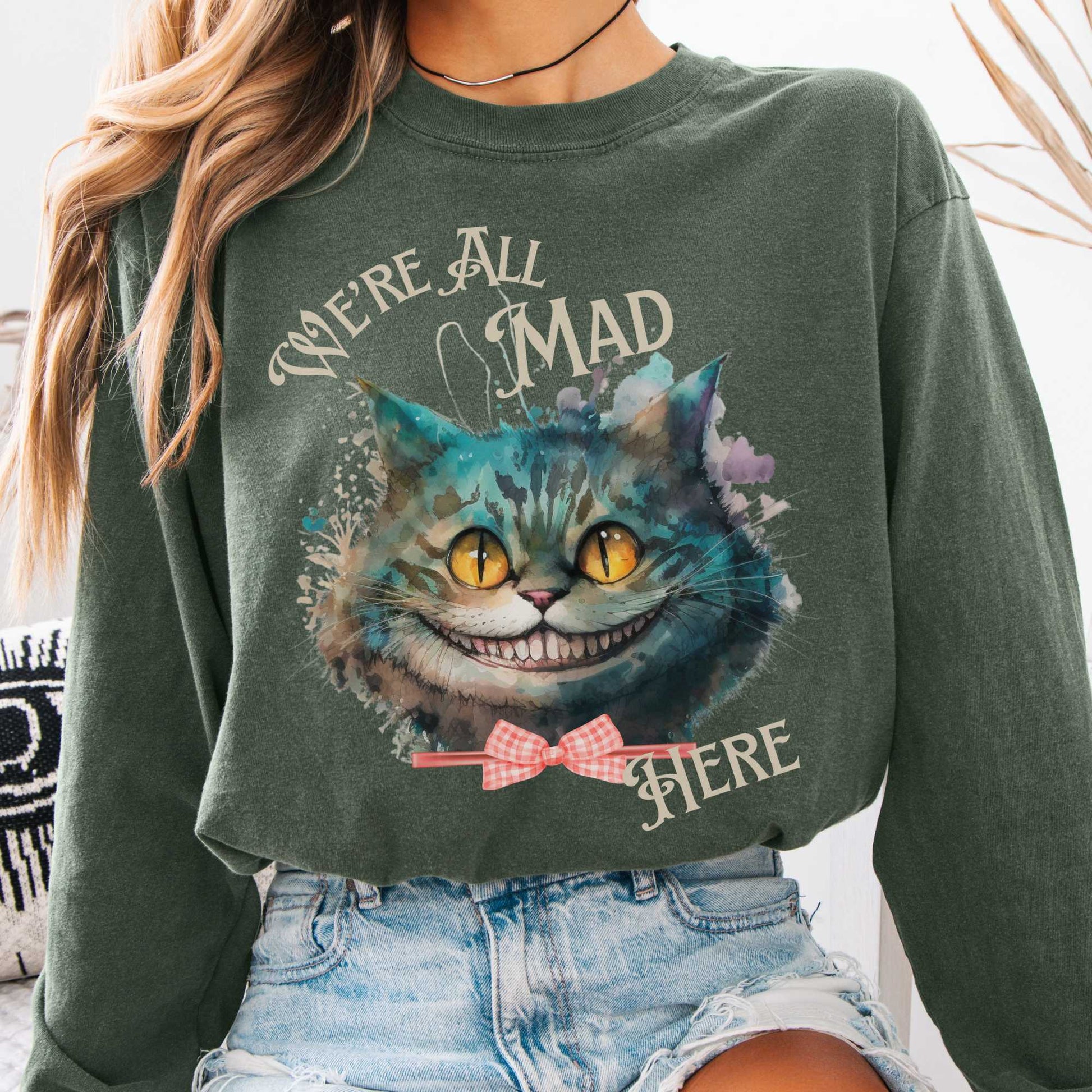 Long-sleeve Hemp / S We're All Mad Here Cheshire Cat Long Sleeve Shirt The Mystic Eden