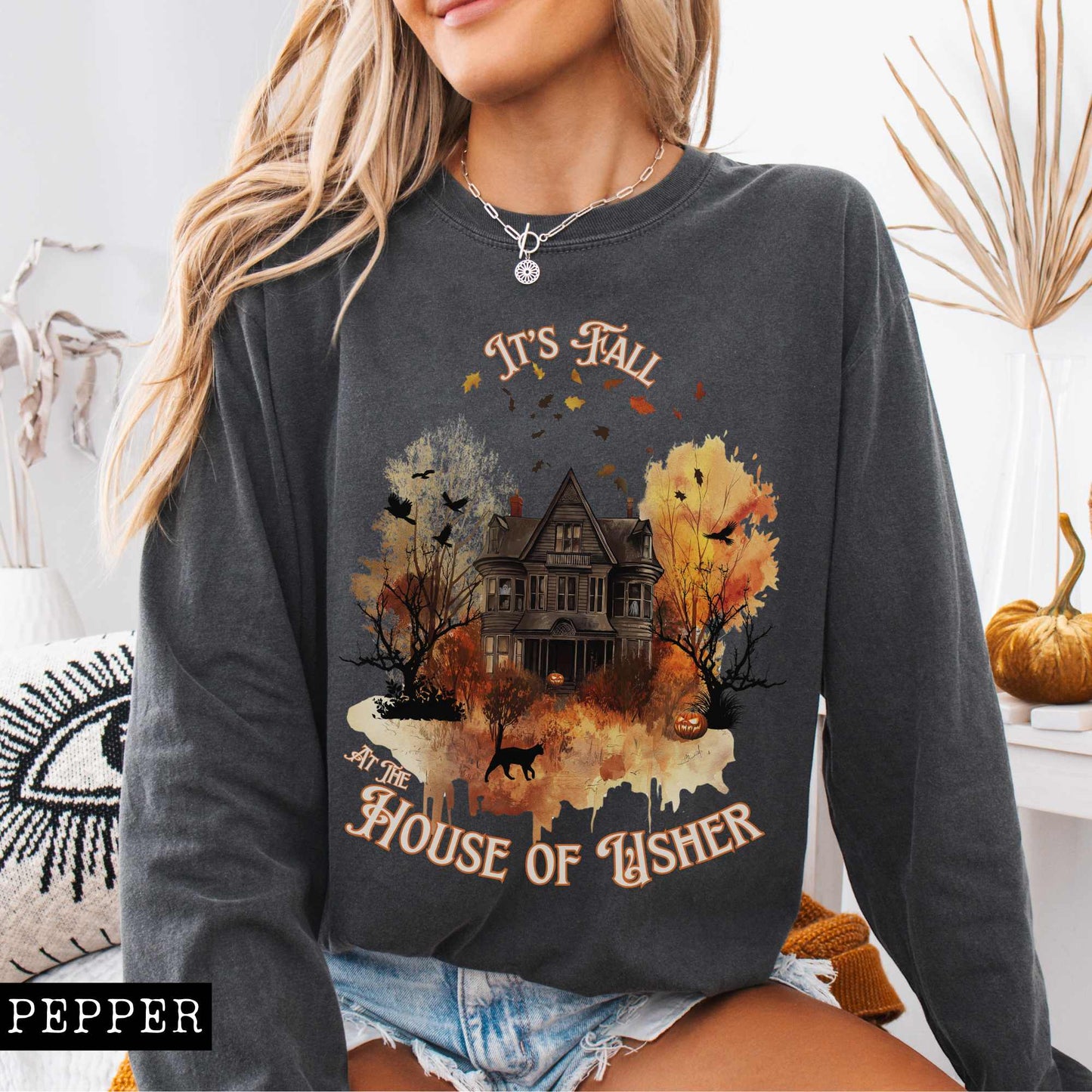 Long-sleeve It's Fall at the House of Usher - Edgar Allan Poe Fall Shirt The Mystic Eden