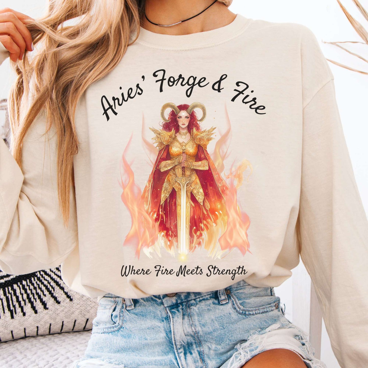 Long-sleeve Ivory / S Aries' Forge & Fire Zodiac Long Sleeve Tee The Mystic Eden