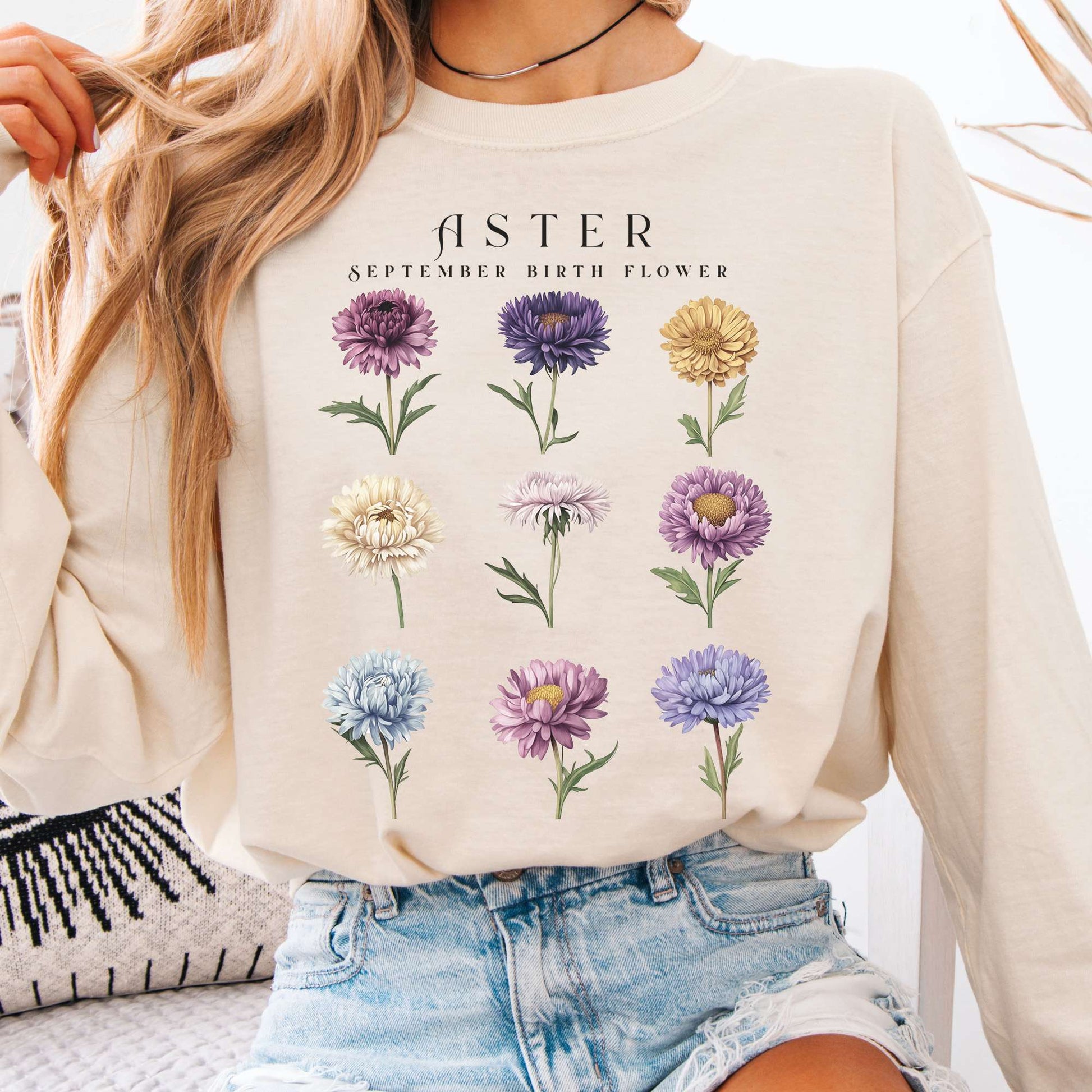 Long-sleeve Ivory / S Aster September Birth Month Flower Long Sleeve Shirt The Mystic Eden
