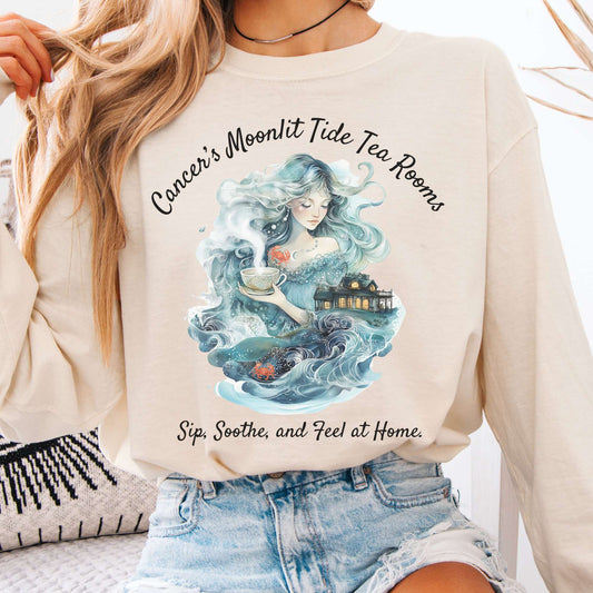 Long-sleeve Ivory / S Cancer's Moonlit Tide Tea Rooms Zodiac Long Sleeve Tee The Mystic Eden