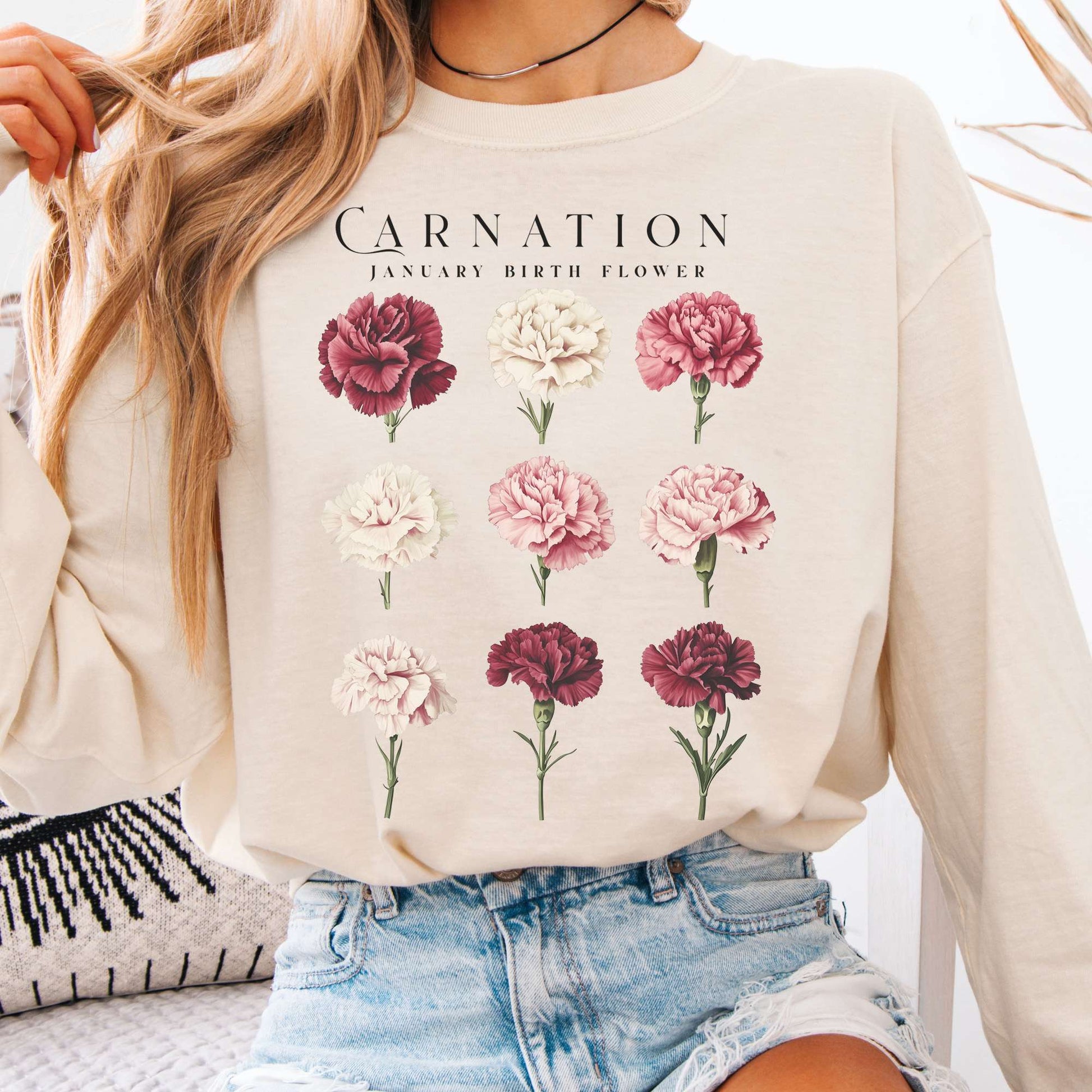 Long-sleeve Ivory / S Carnation January Birth Month Flower Long Sleeve Shirt The Mystic Eden
