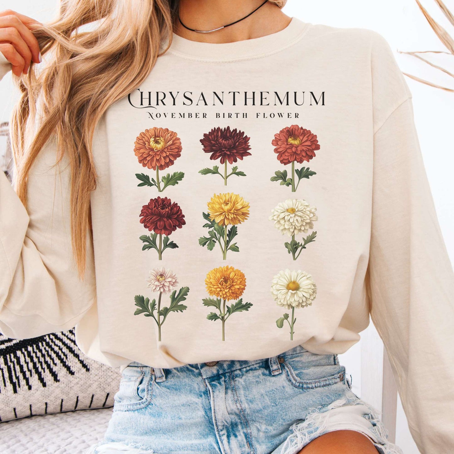 Long-sleeve Ivory / S Chrysanthemum November Birth Month Flower Long Sleeve Shirt The Mystic Eden