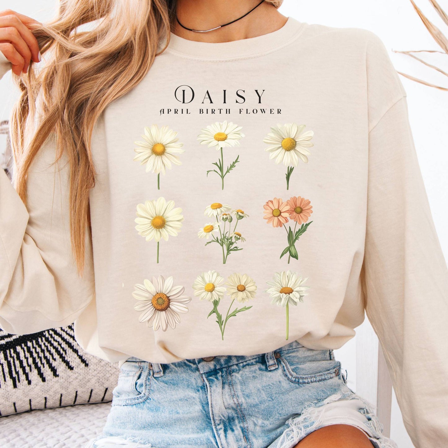 Long-sleeve Ivory / S Daisy April Birth Month Flower Long Sleeve Shirt The Mystic Eden