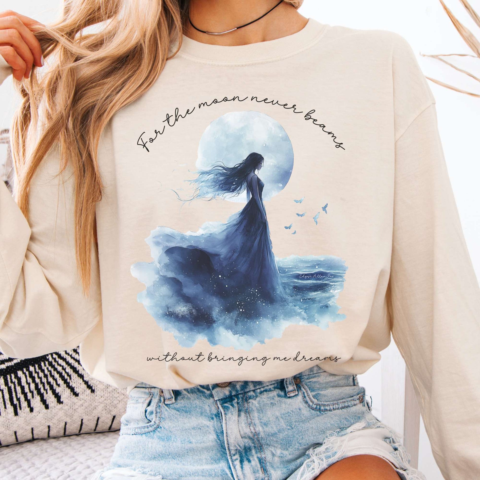 Long-sleeve Ivory / S For The Moon Never Beams Without Bringing Me Dreams Edgar Allan Poe Long Sleeve Shirt The Mystic Eden