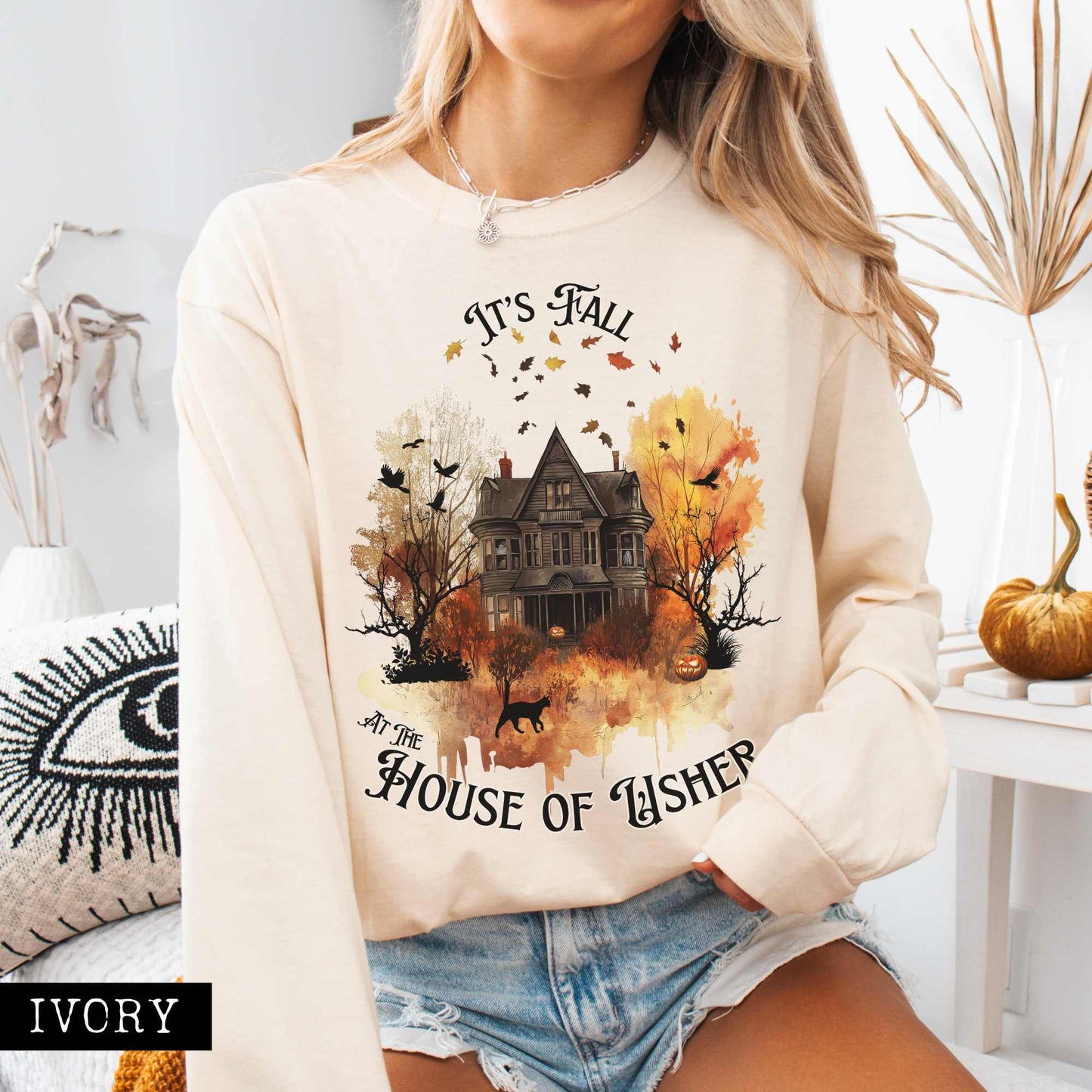 Long-sleeve Ivory / S It's Fall at the House of Usher - Edgar Allan Poe Fall Shirt The Mystic Eden
