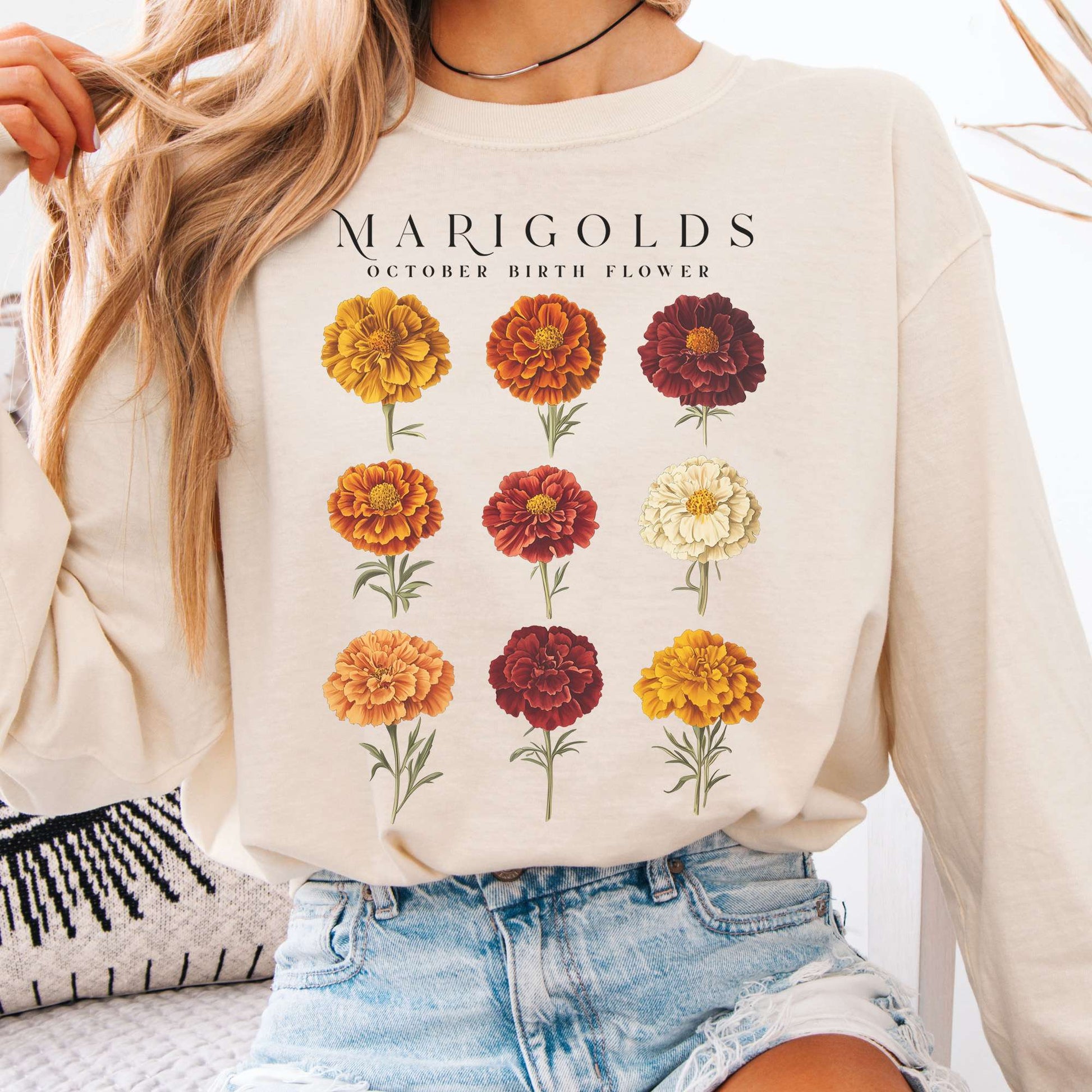 Long-sleeve Ivory / S Marigolds October Birth Month Flower Long Sleeve Shirt The Mystic Eden