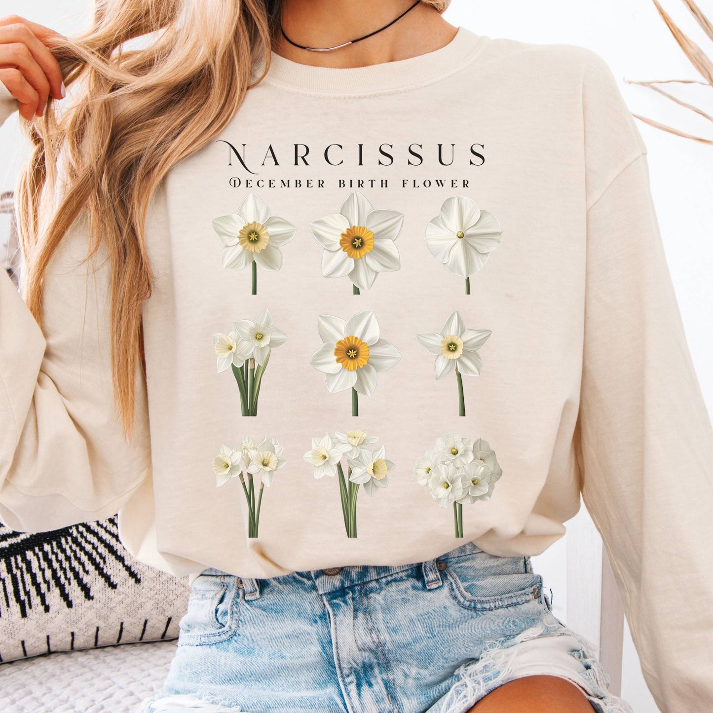 Long-sleeve Ivory / S Narcissus December Birth Month Flower Long Sleeve Shirt The Mystic Eden