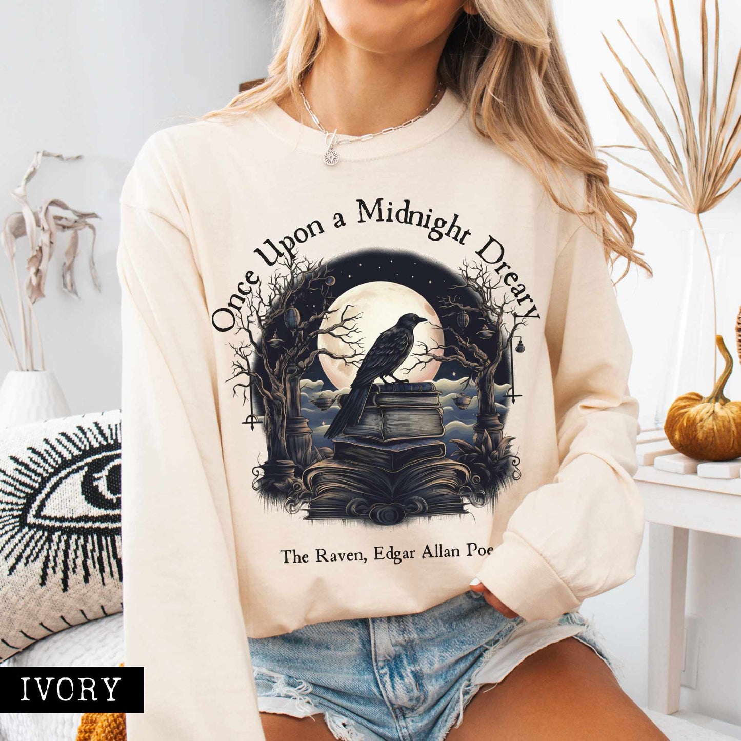 Long-sleeve Ivory / S Once Upon a Midnight Dreary Edgar Allan Poe Long Sleeved Shirt The Mystic Eden