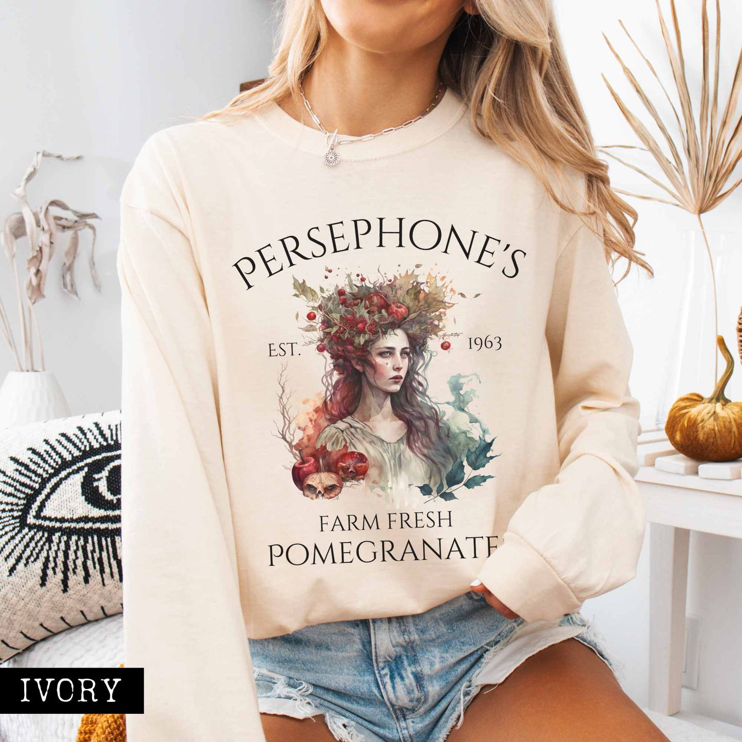 Long-sleeve Ivory / S Persephone's Farm Fresh Pomegranates Long Sleeve T-Shirt The Mystic Eden