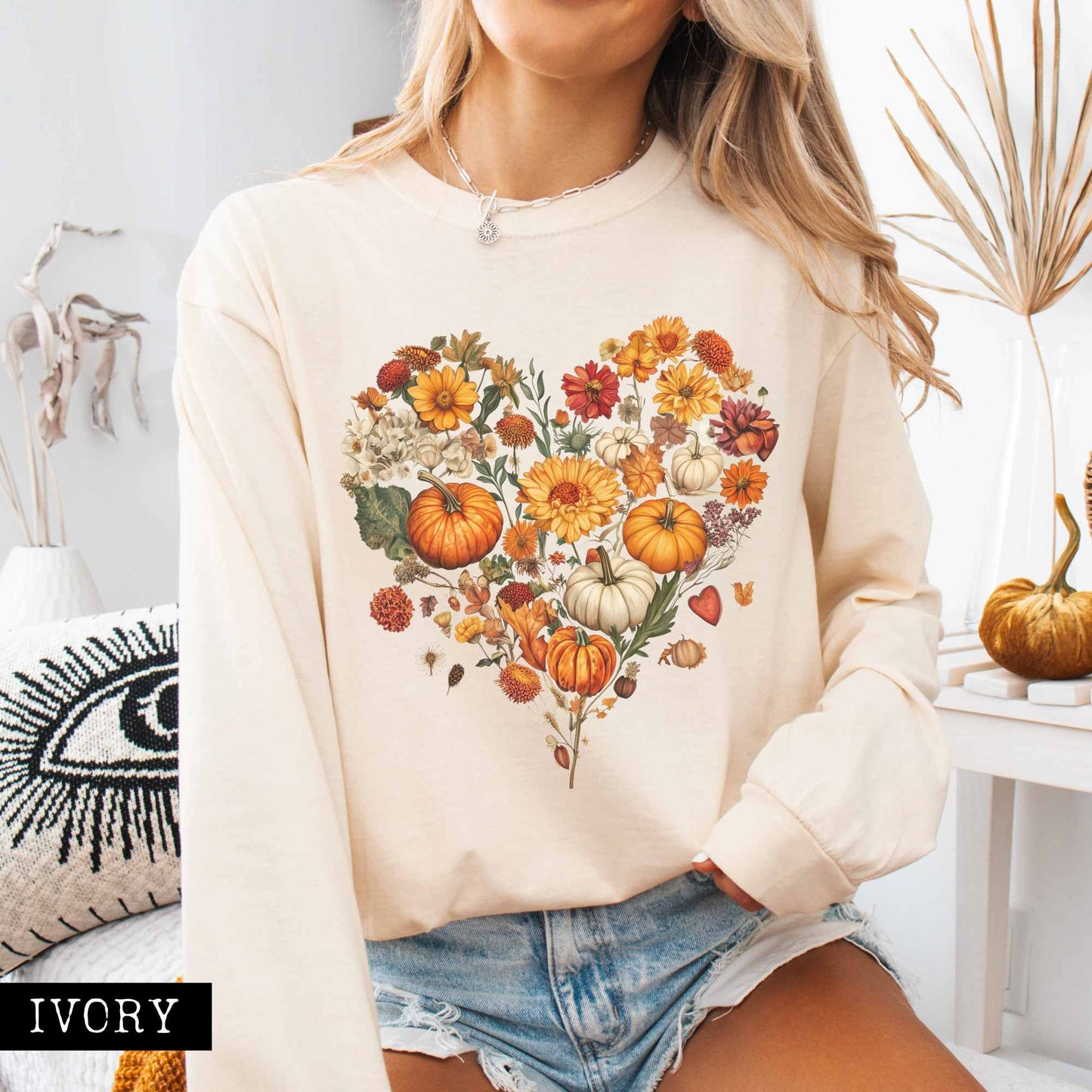 Long-sleeve Ivory / S Pumpkin floral fall heart - long sleeve tee The Mystic Eden