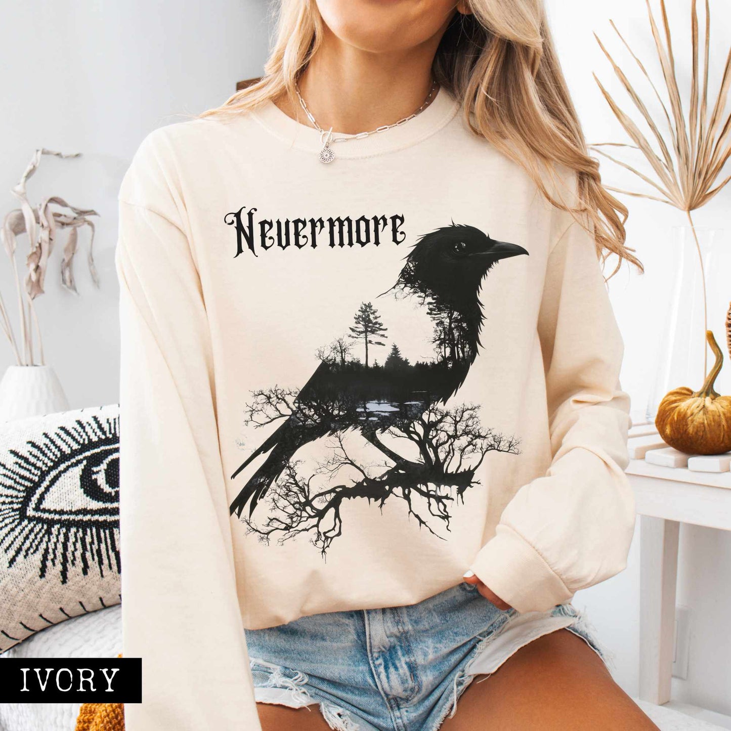 Long-sleeve Ivory / S The Raven Nevermore Long Sleeved Shirt Edgar Allan Poe The Mystic Eden