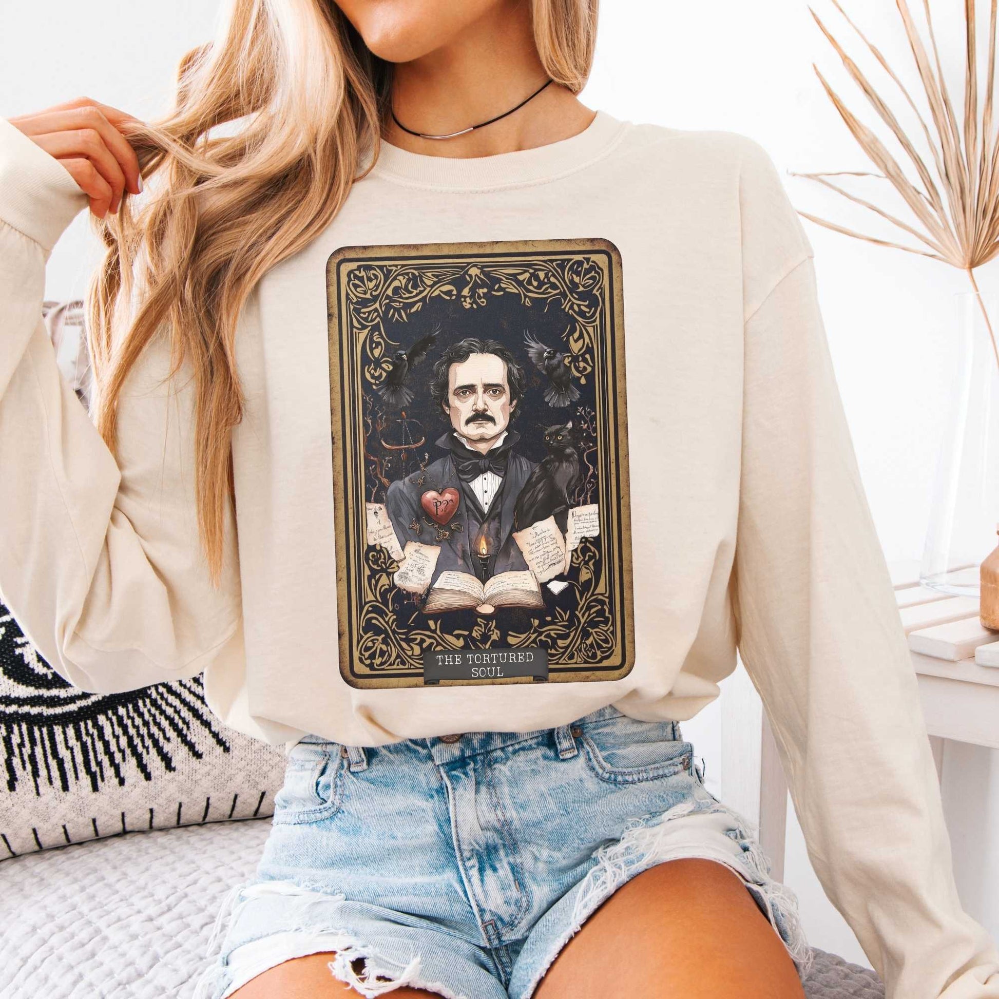 Long-sleeve Ivory / S The Tortured Soul Tarot Card Edgar Allan Poe Long Sleeved Shirt The Mystic Eden