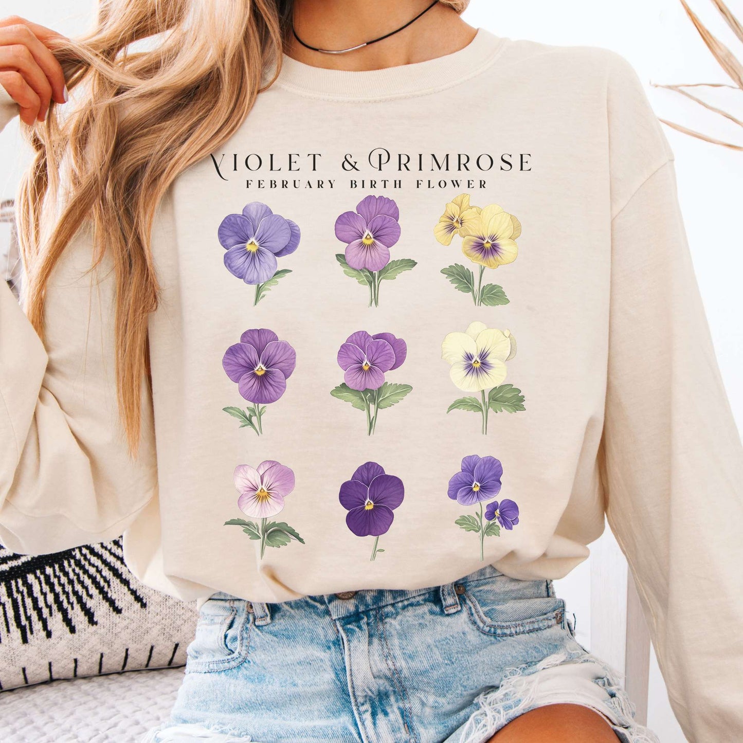 Long-sleeve Ivory / S Violet & Primrose February Birth Month Flower Long Sleeve Shirt The Mystic Eden