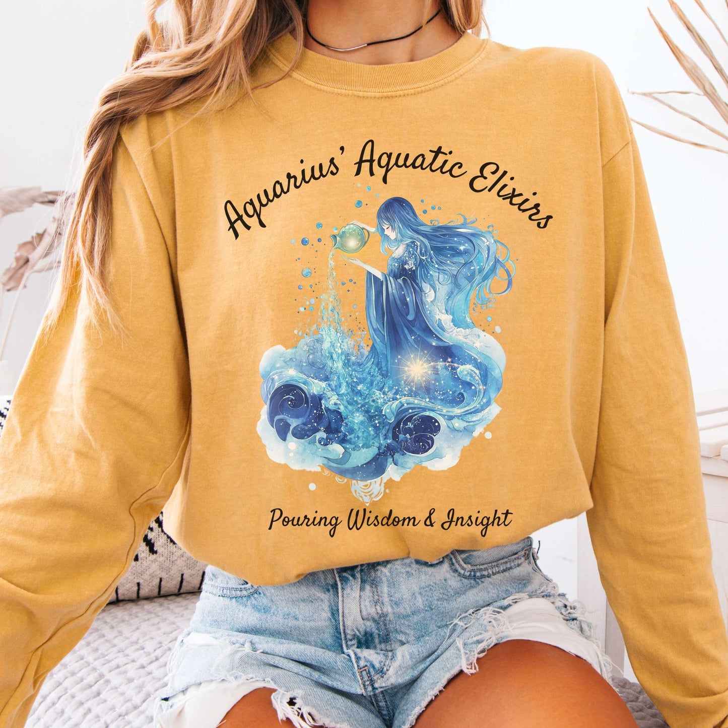 Long-sleeve Mustard / S Aquarius Aquatic Elixirs Zodiac Long Sleeve Tee The Mystic Eden