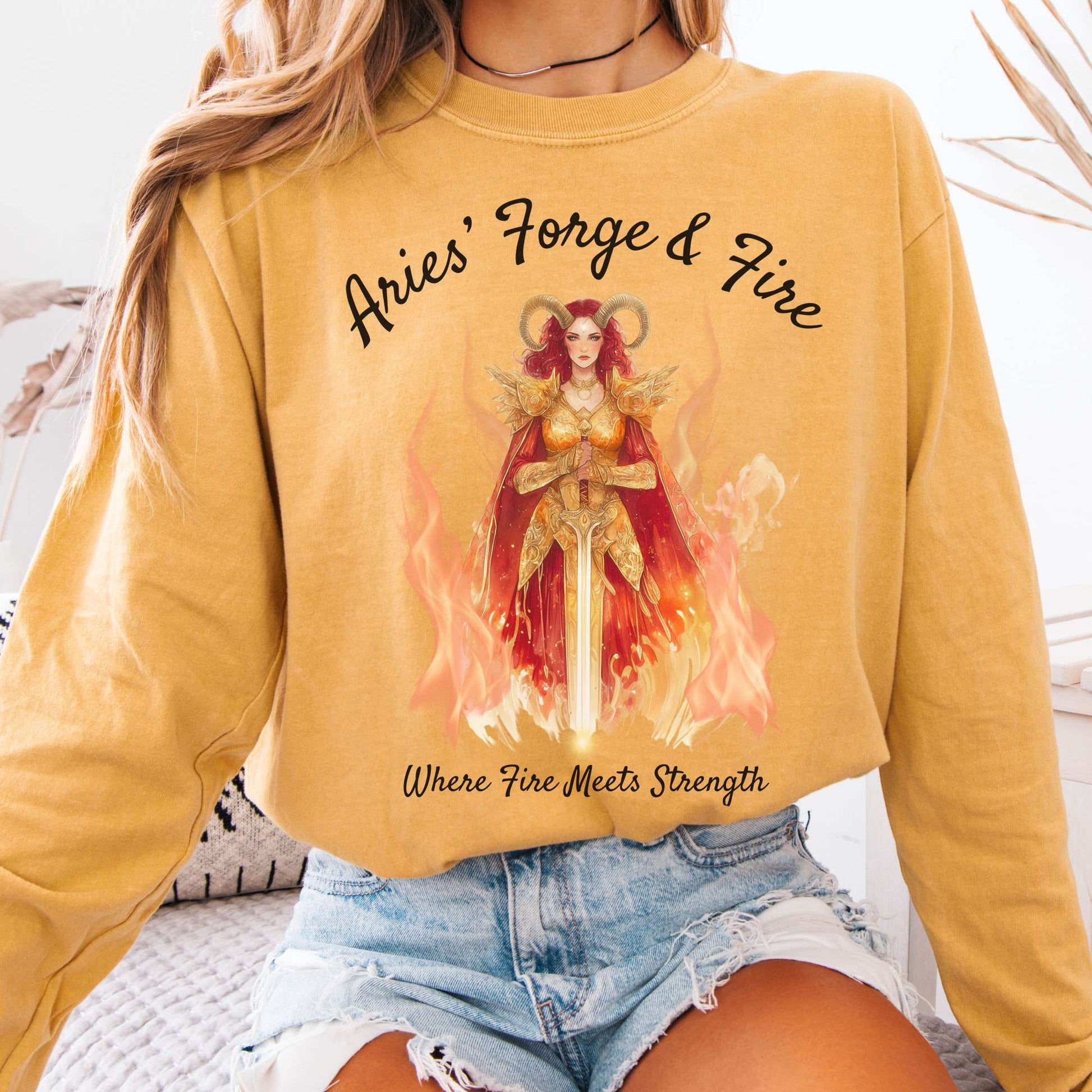 Long-sleeve Mustard / S Aries' Forge & Fire Zodiac Long Sleeve Tee The Mystic Eden