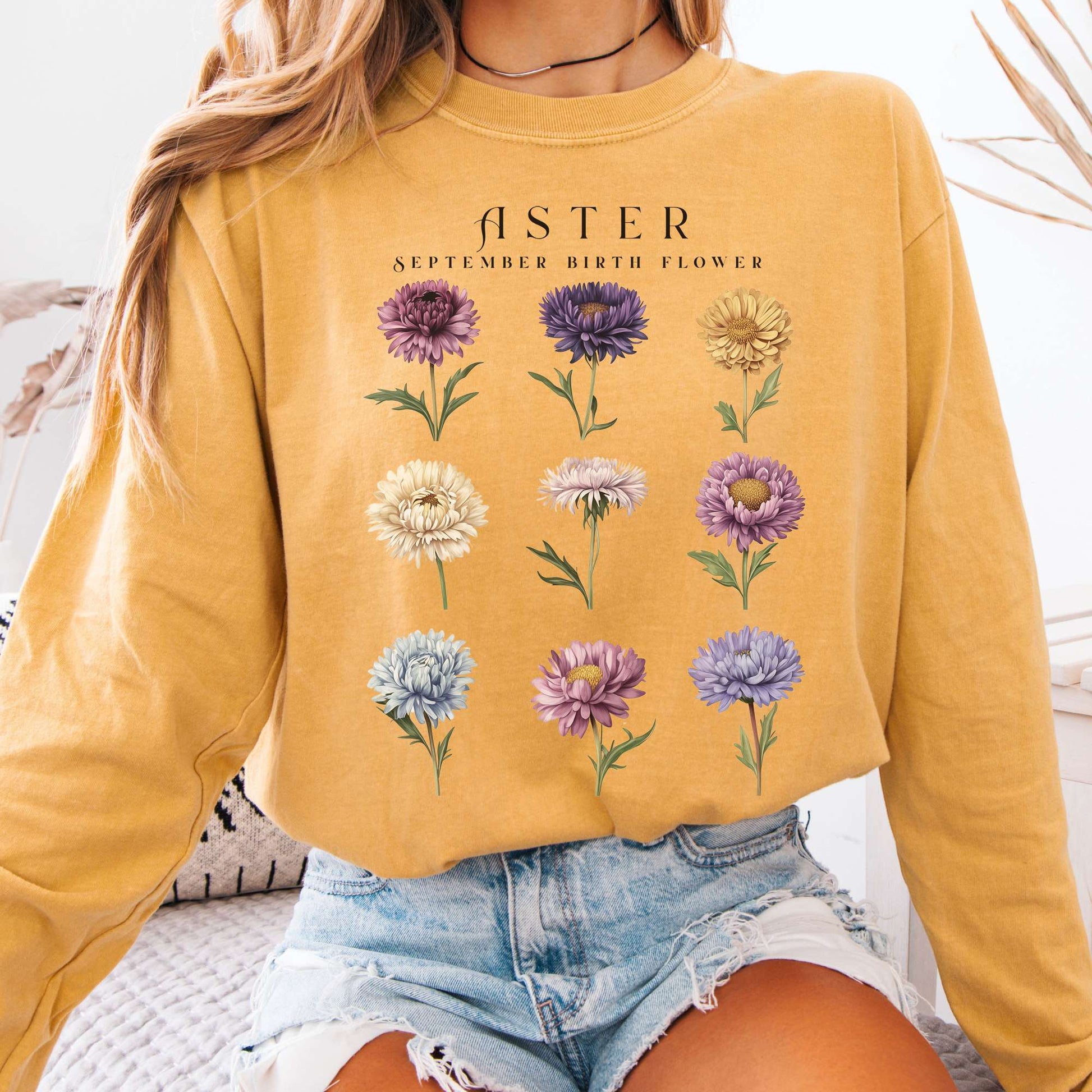 Long-sleeve Mustard / S Aster September Birth Month Flower Long Sleeve Shirt The Mystic Eden