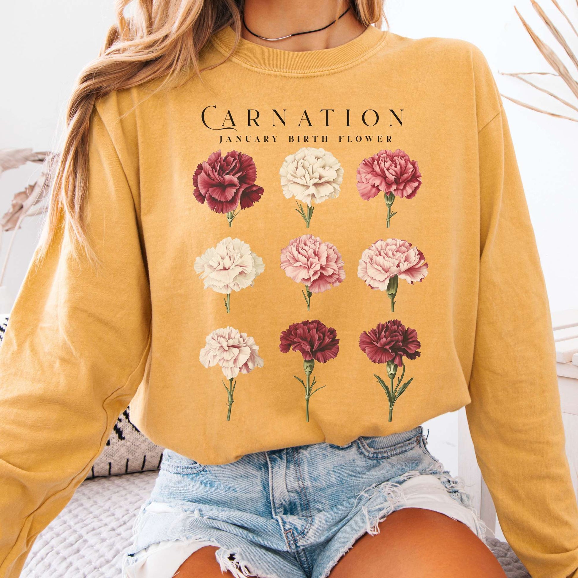 Long-sleeve Mustard / S Carnation January Birth Month Flower Long Sleeve Shirt The Mystic Eden