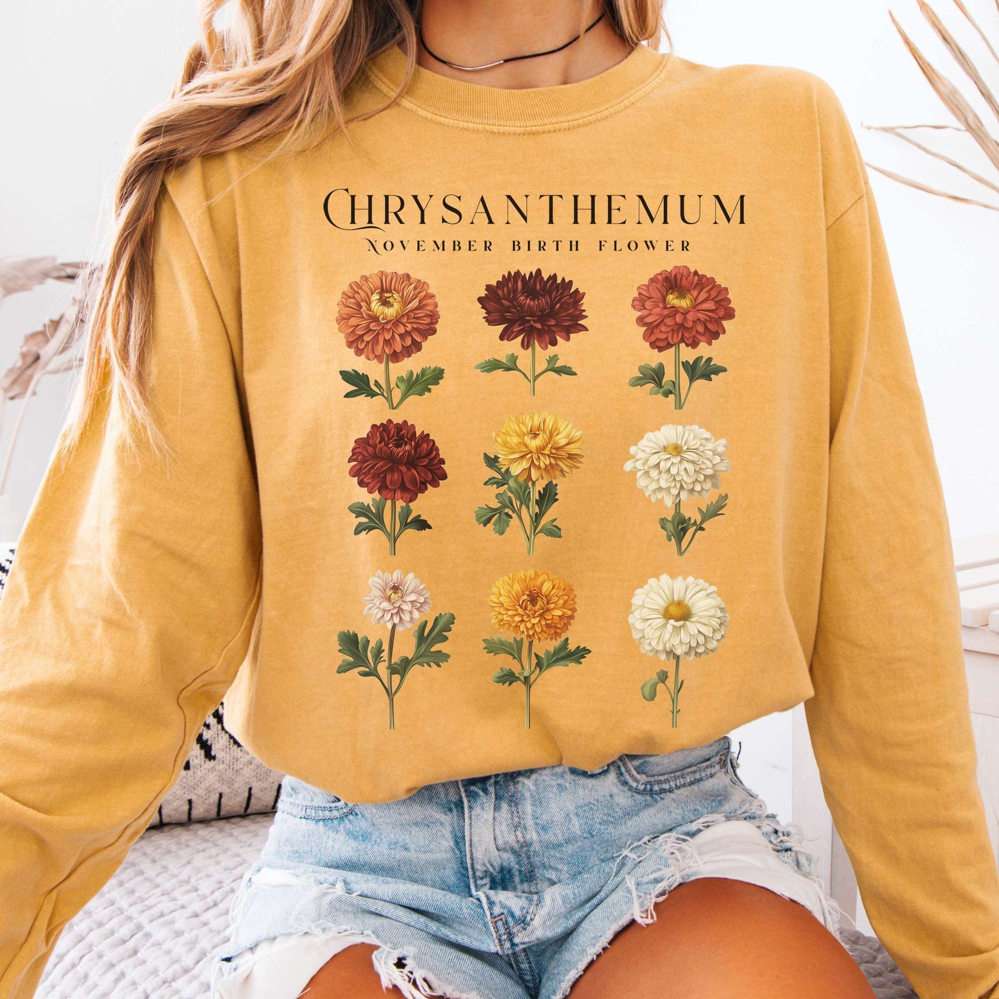 Long-sleeve Mustard / S Chrysanthemum November Birth Month Flower Long Sleeve Shirt The Mystic Eden