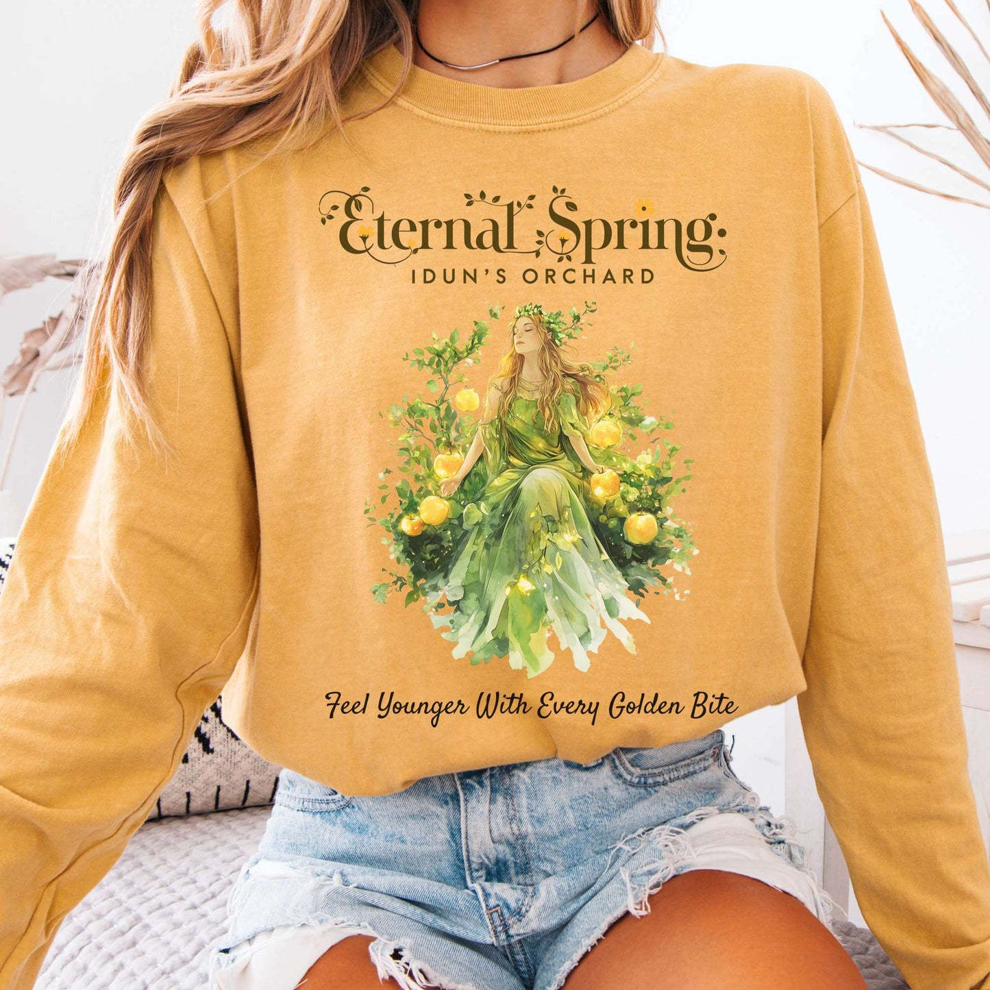 Long-sleeve Mustard / S Eternal Spring Idun's Orchard Norse Goddess Long Sleeve Shirt The Mystic Eden