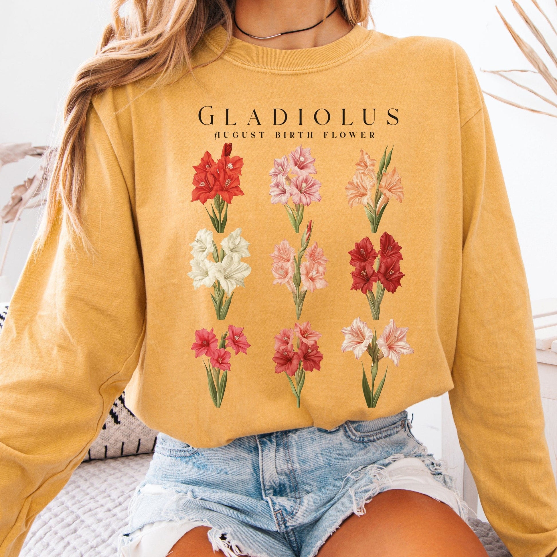 Long-sleeve Mustard / S Gladiolus August Birth Month Flower Long Sleeve Shirt The Mystic Eden