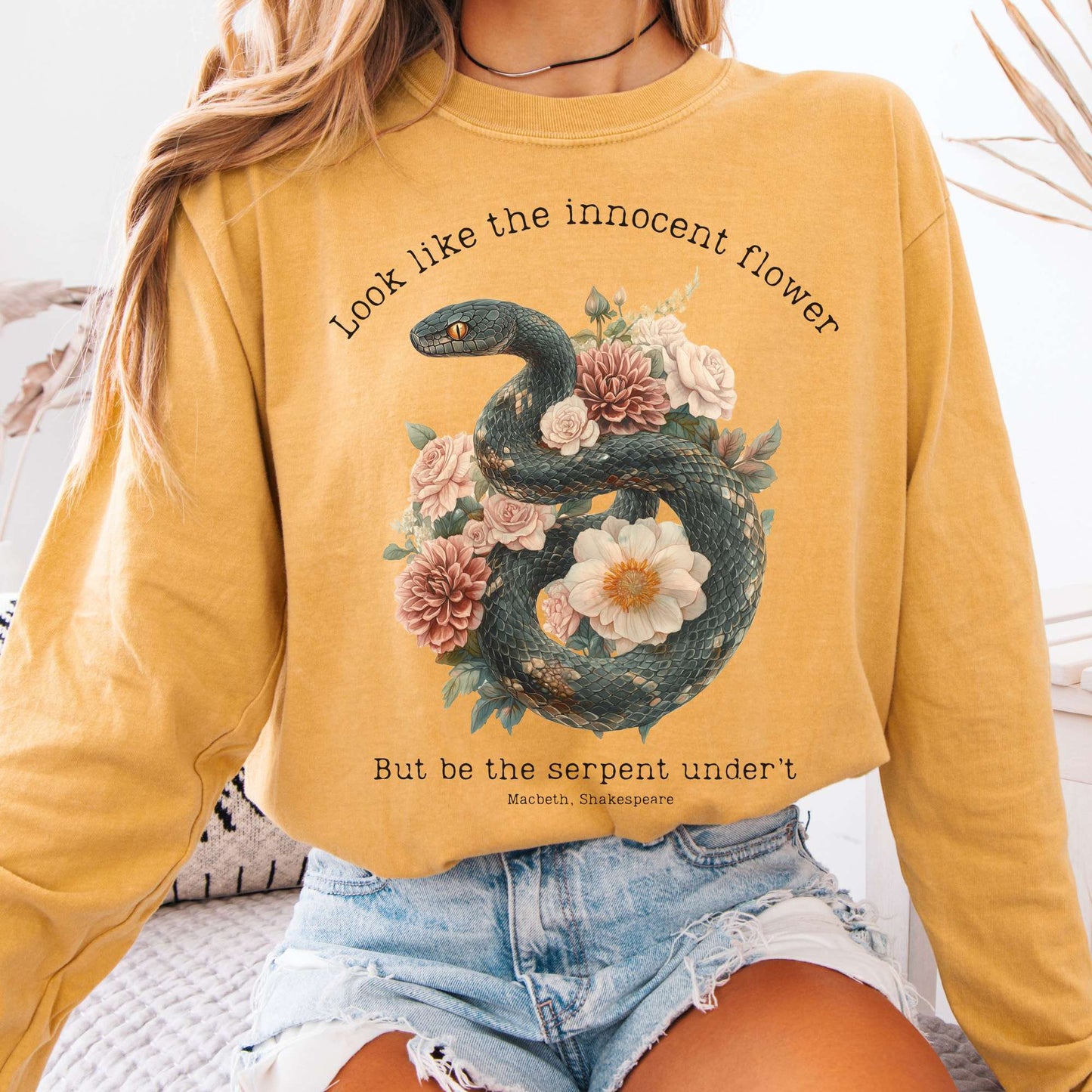 Long-sleeve Mustard / S Look Like The Innocent Flower But Be The Serpent Under't Shakespeare Long Sleeve Shirt The Mystic Eden