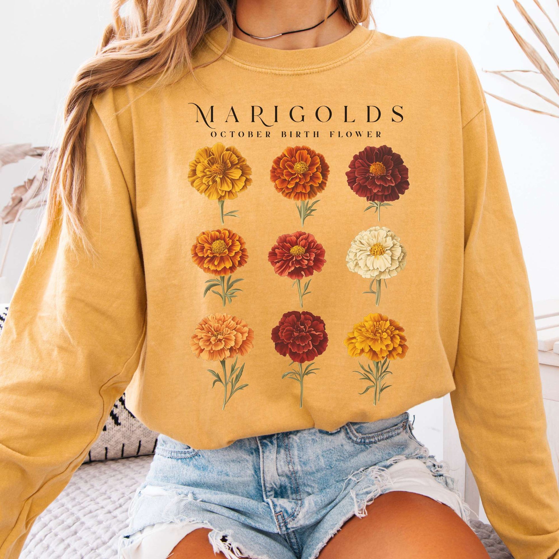 Long-sleeve Mustard / S Marigolds October Birth Month Flower Long Sleeve Shirt The Mystic Eden
