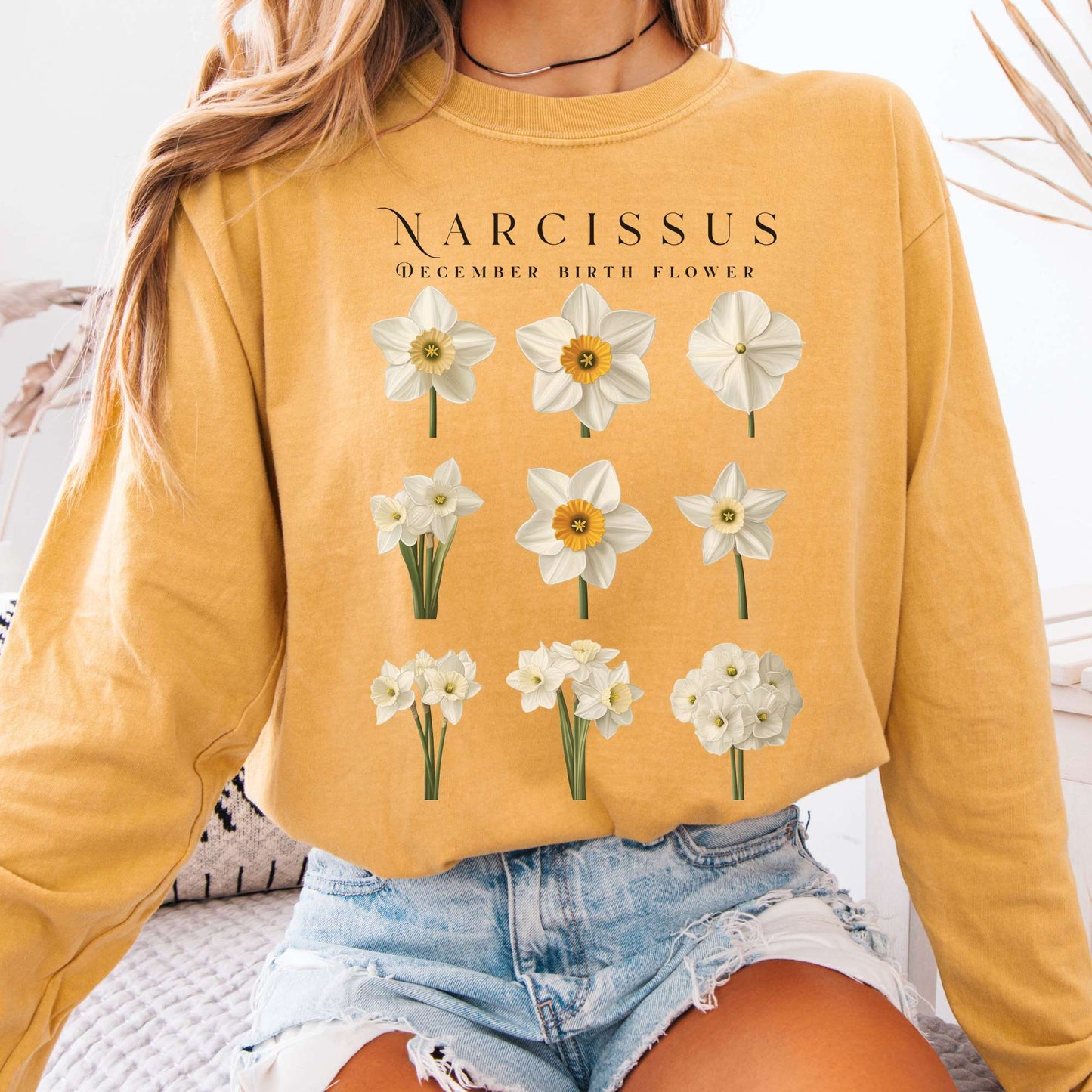 Long-sleeve Mustard / S Narcissus December Birth Month Flower Long Sleeve Shirt The Mystic Eden