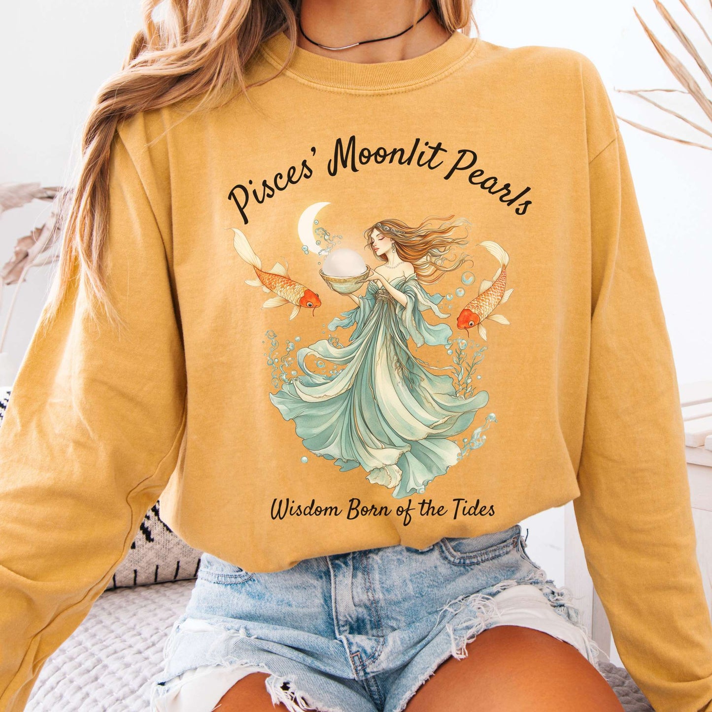 Long-sleeve Mustard / S Pisces' Moonlit Pearls Zodiac Long Sleeve Tee The Mystic Eden