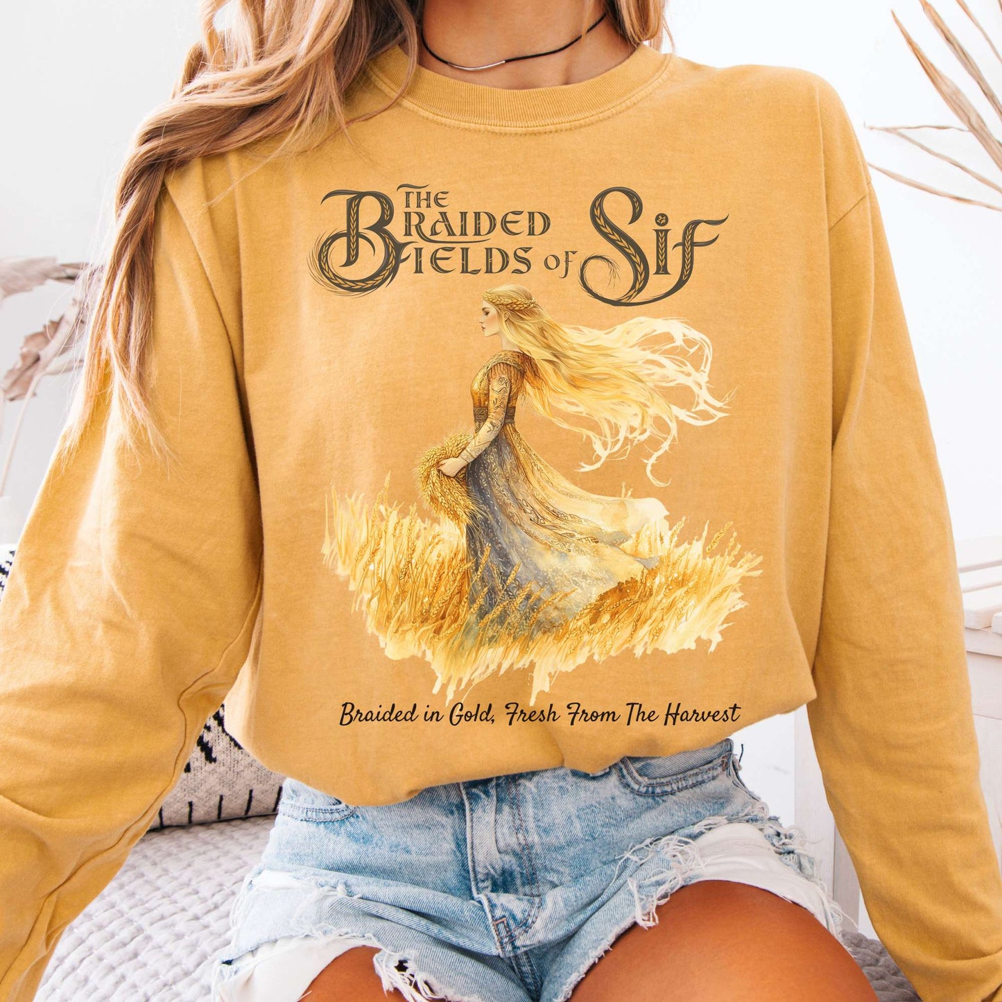 Long-sleeve Mustard / S The Braided Fields of Sif Norse Goddess Long Sleeve Shirt The Mystic Eden