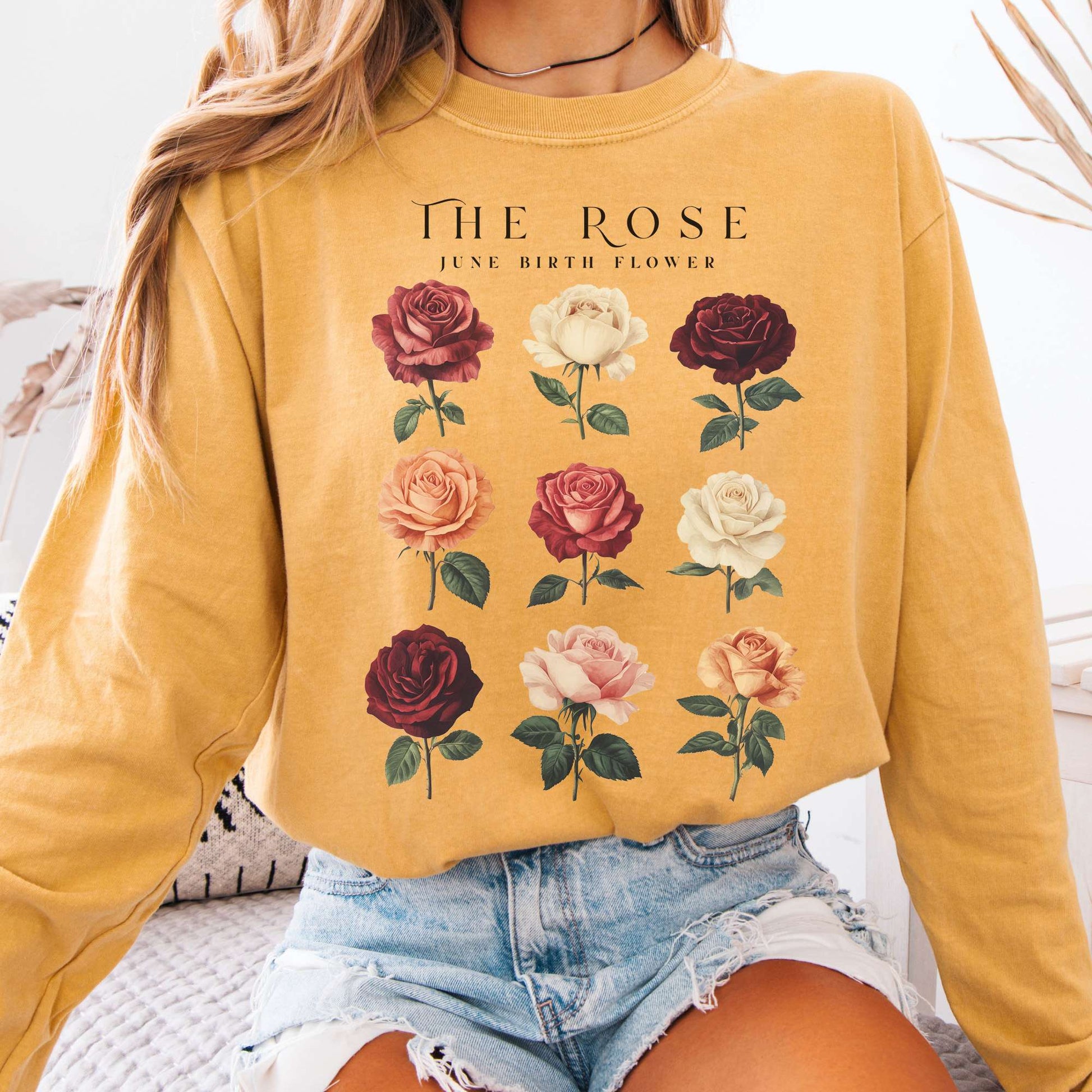 Long-sleeve Mustard / S The Rose June Birth Month Flower Long Sleeve Shirt The Mystic Eden