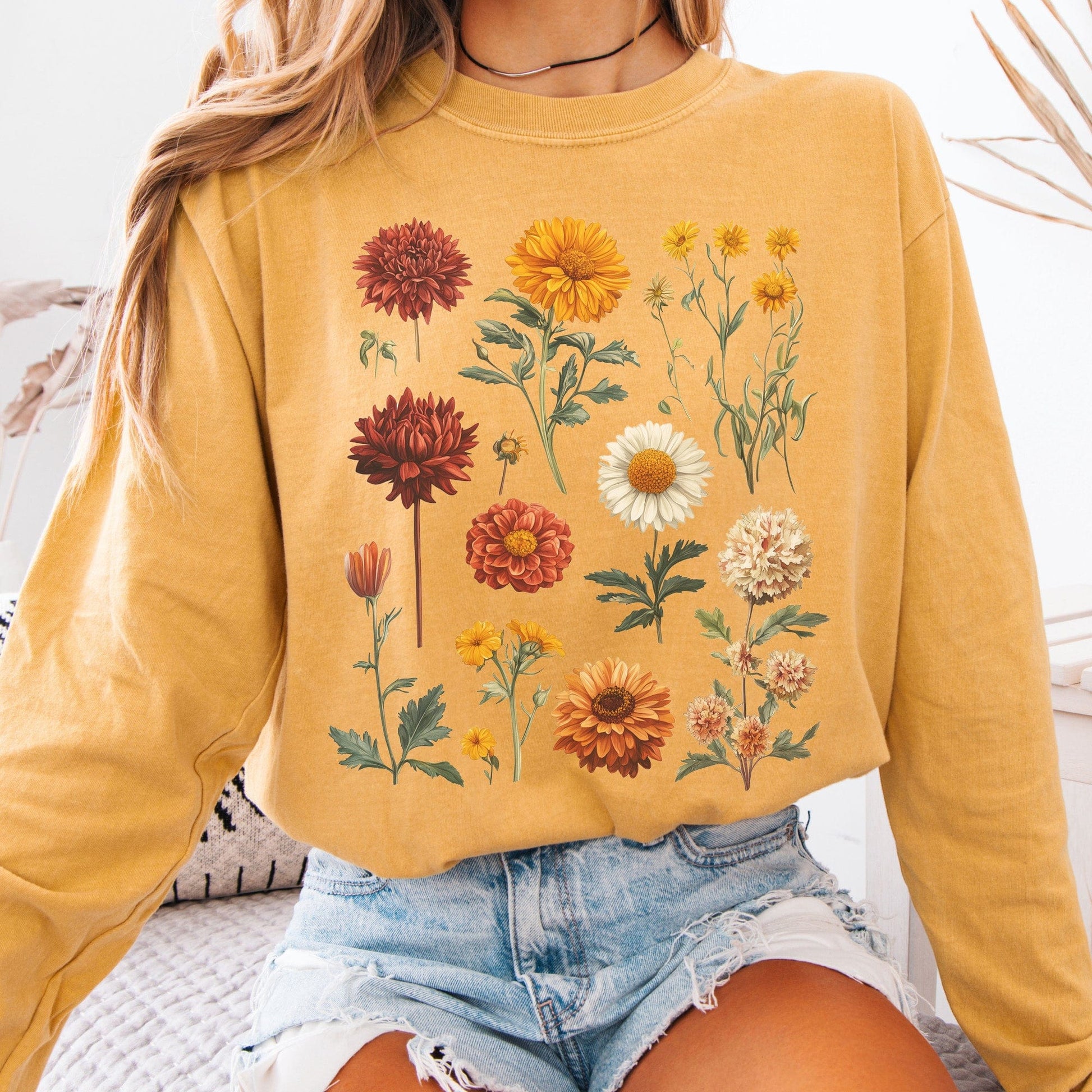Long-sleeve Mustard / S Vintage Botanical Floral Long Sleeve Shirt The Mystic Eden