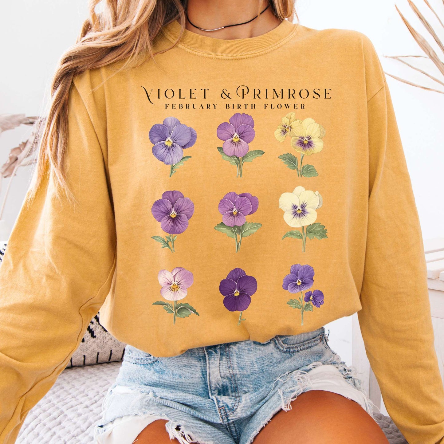 Long-sleeve Mustard / S Violet & Primrose February Birth Month Flower Long Sleeve Shirt The Mystic Eden